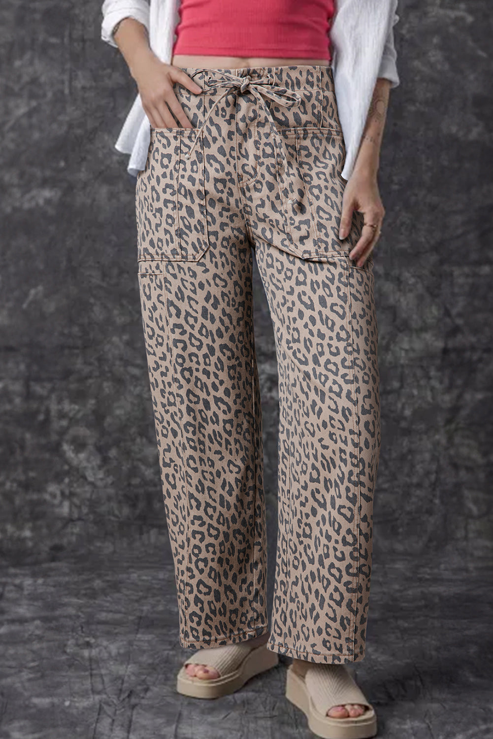 Blue Leopard Printed Drawstring Elastic Waistband Pocketed Wide Leg Jeans