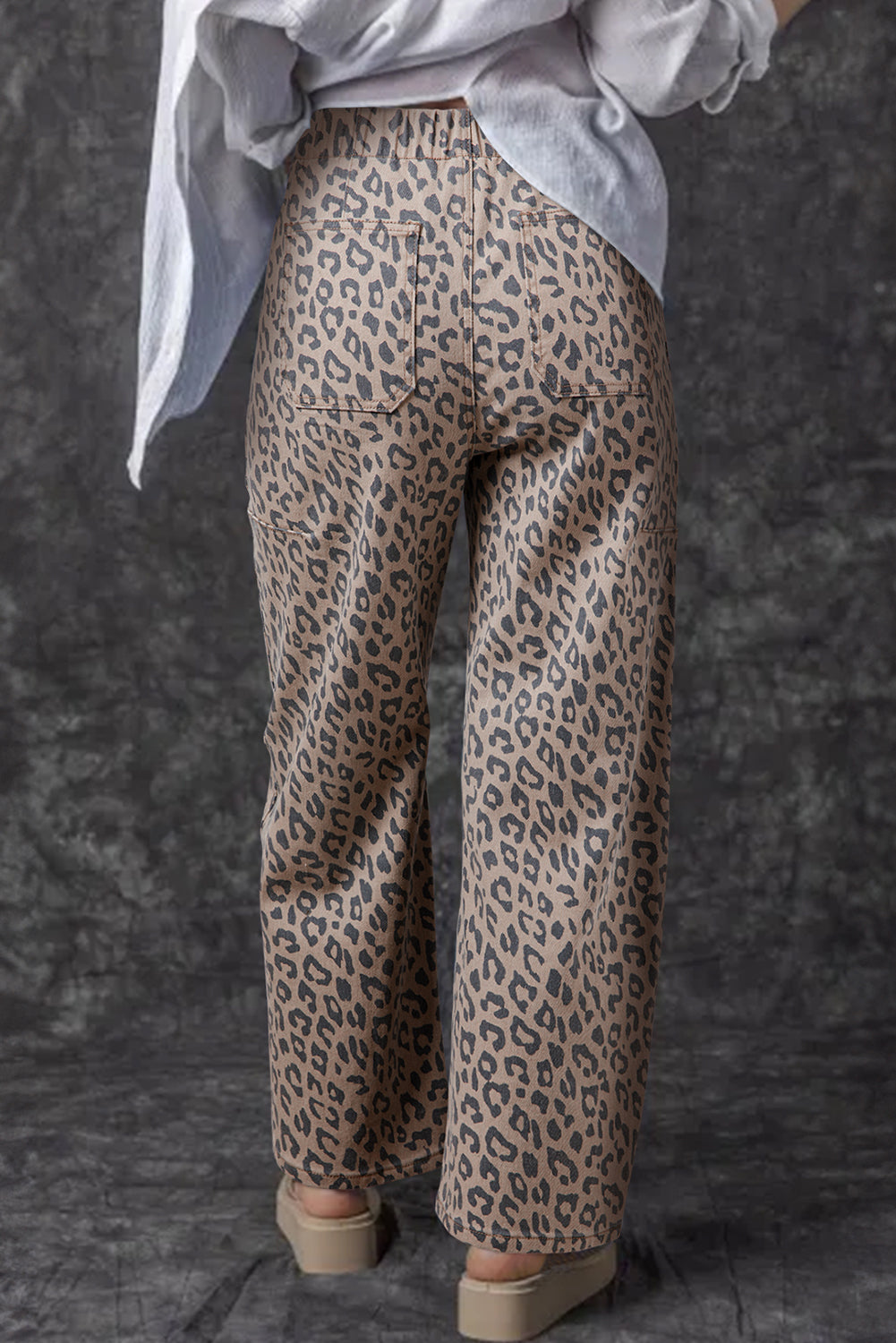 Blue Leopard Printed Drawstring Elastic Waistband Pocketed Wide Leg Jeans