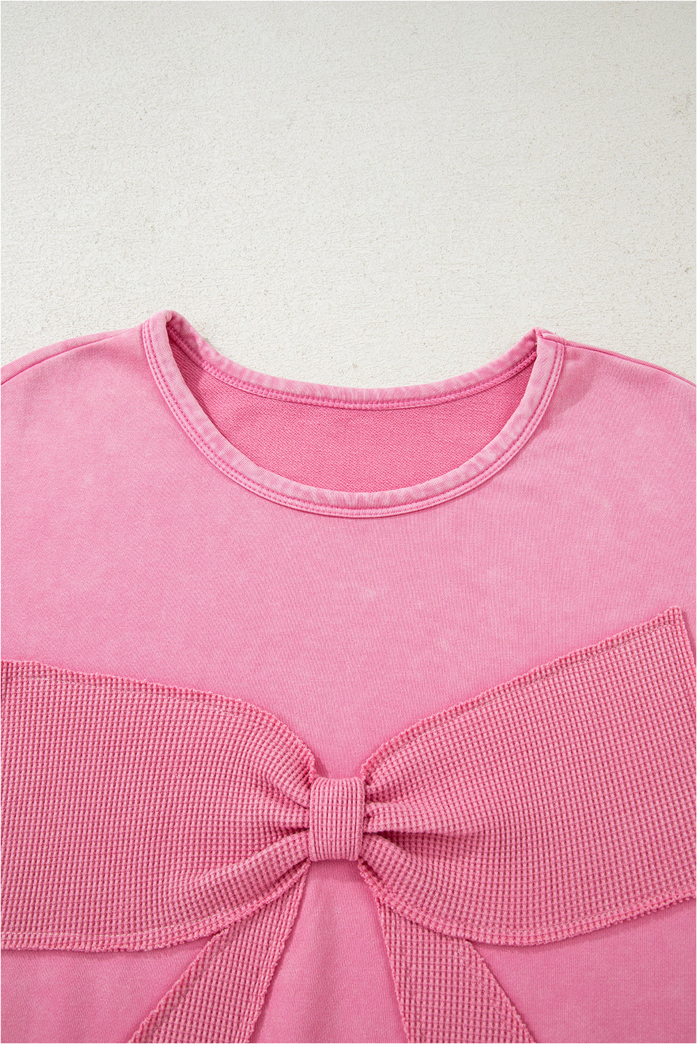 Bonbon Waffle Bowknot Patchwork Mineral Wash Plus Size Top