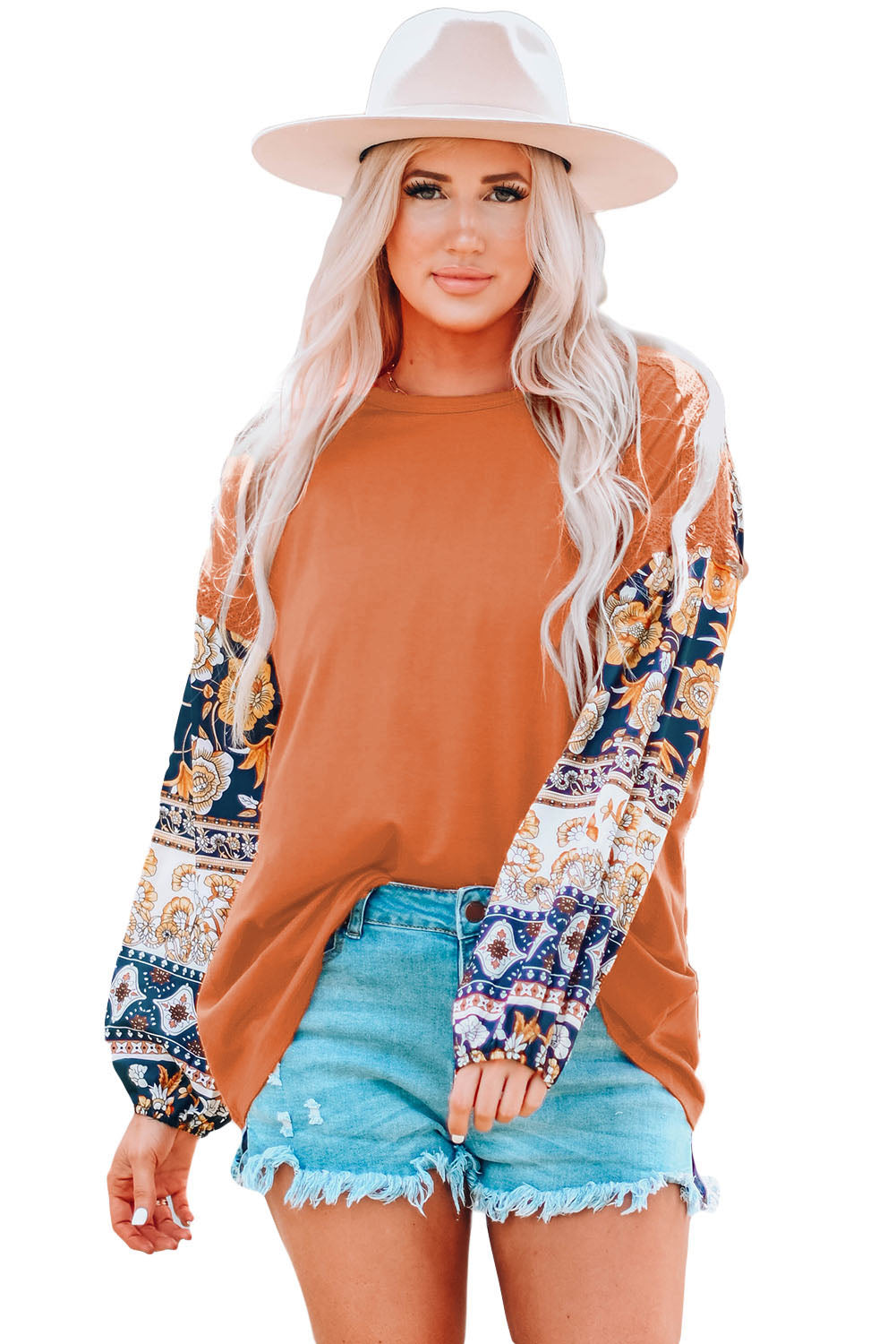 Boho Floral Print Balloon Sleeve Top