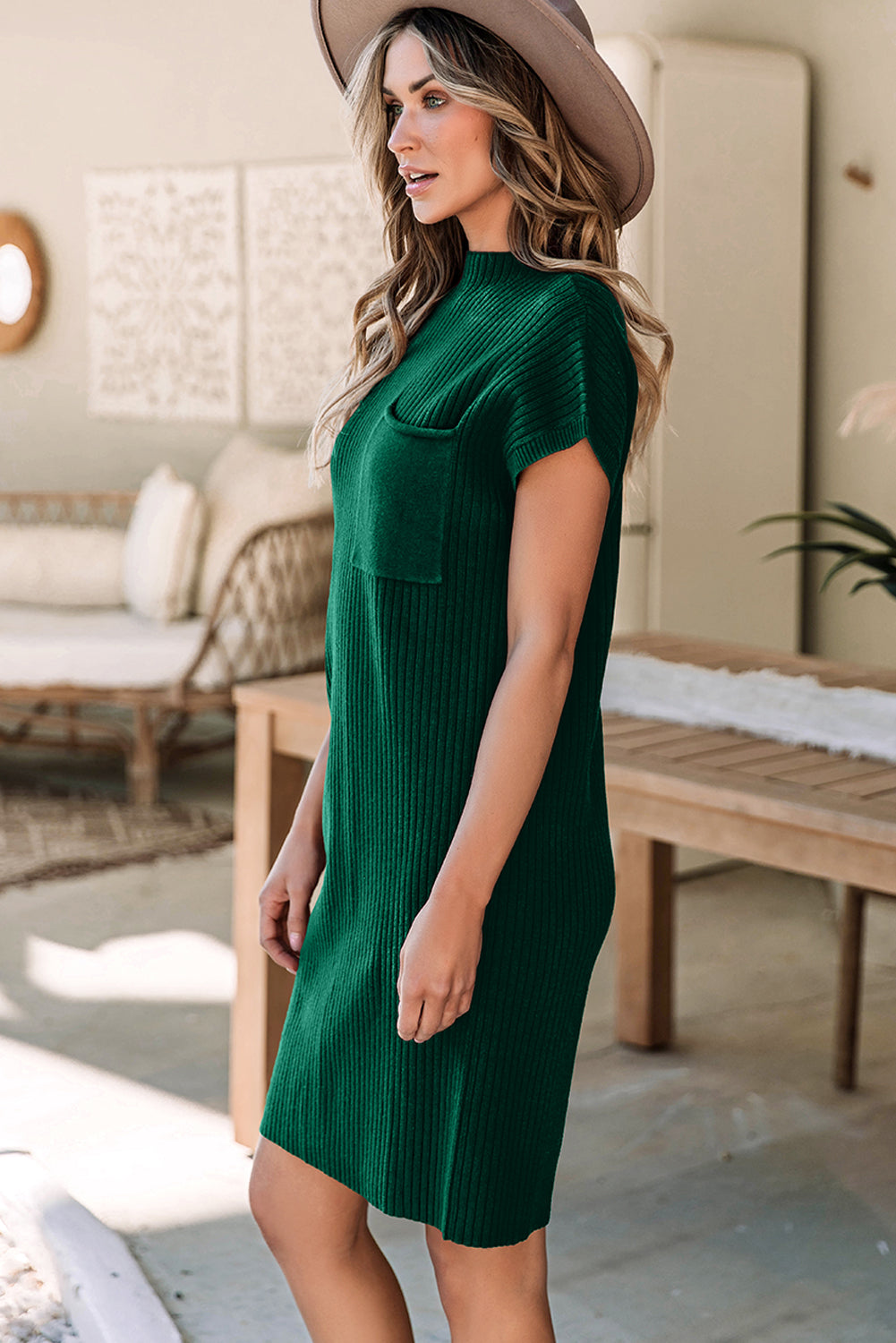 Green Patch Pocket Ribbed Knit Short Sleeve Sweater Dress