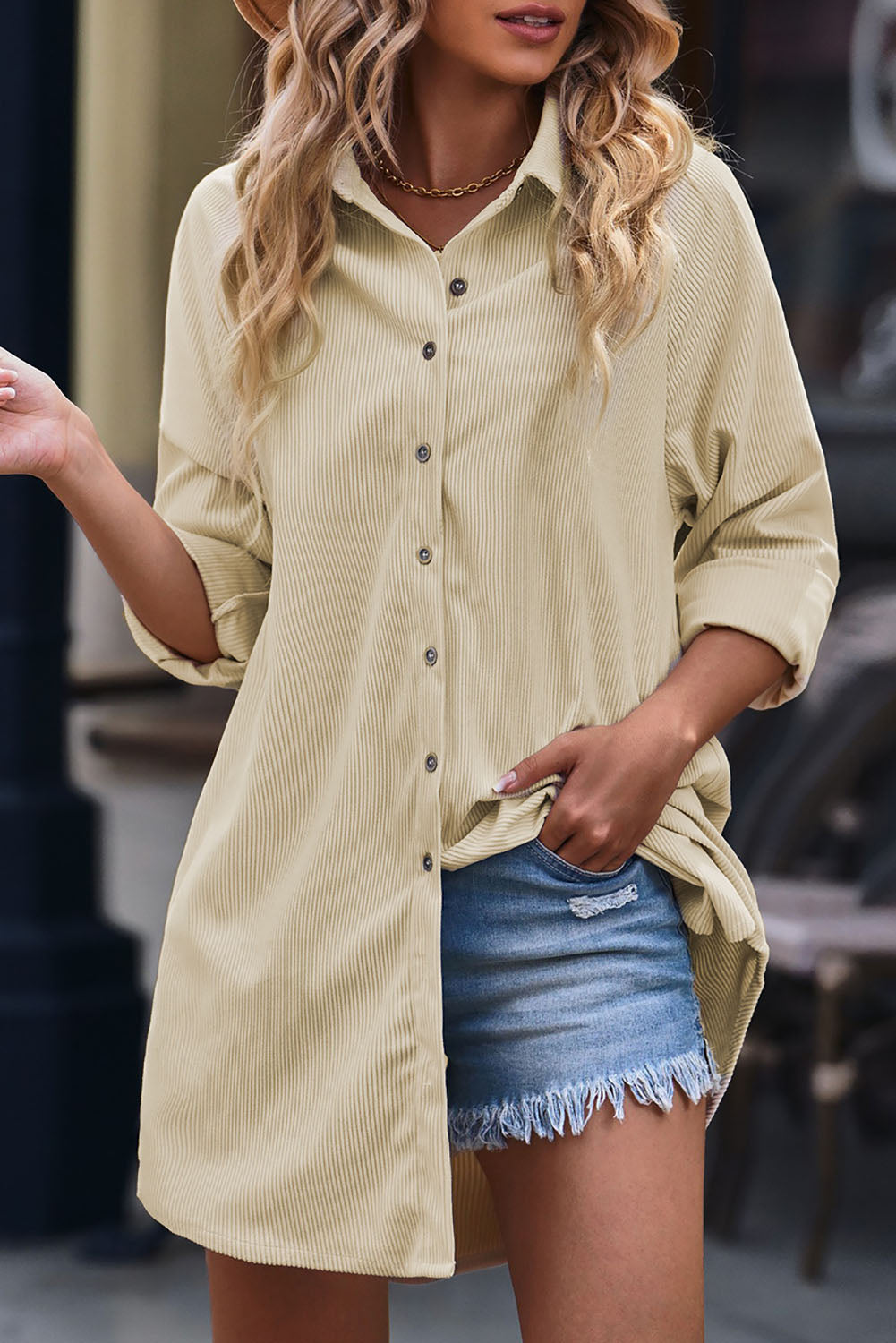 Beige Corduroy Full Button Long Sleeve Shift Mini Dress
