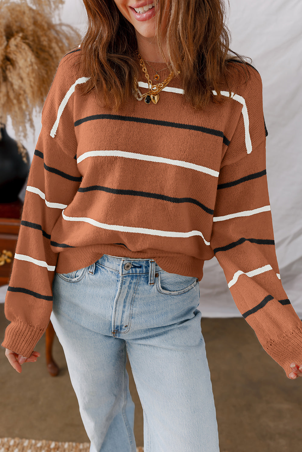 Pink Stripe Ribbed Edge Drop Shoulder Sweater