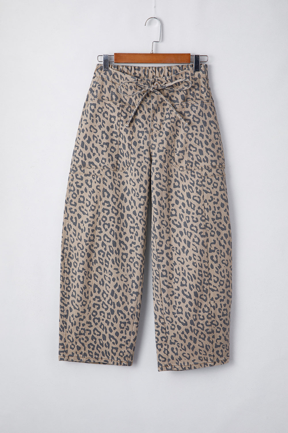 Blue Leopard Printed Drawstring Elastic Waistband Pocketed Wide Leg Jeans