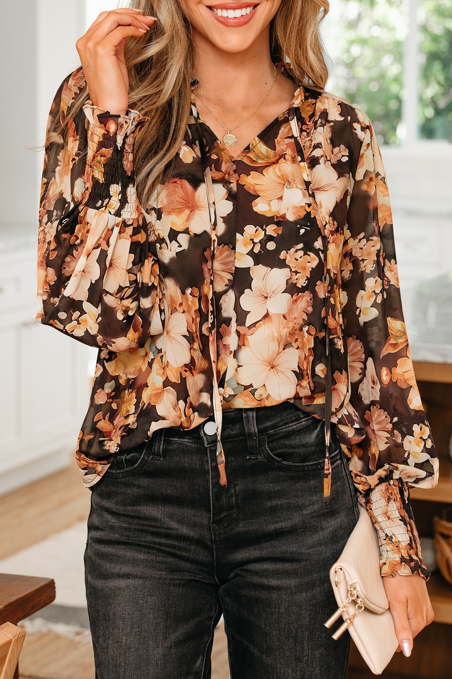 Black Floral V Neck Long Puff Sleeve Breezy Blouse