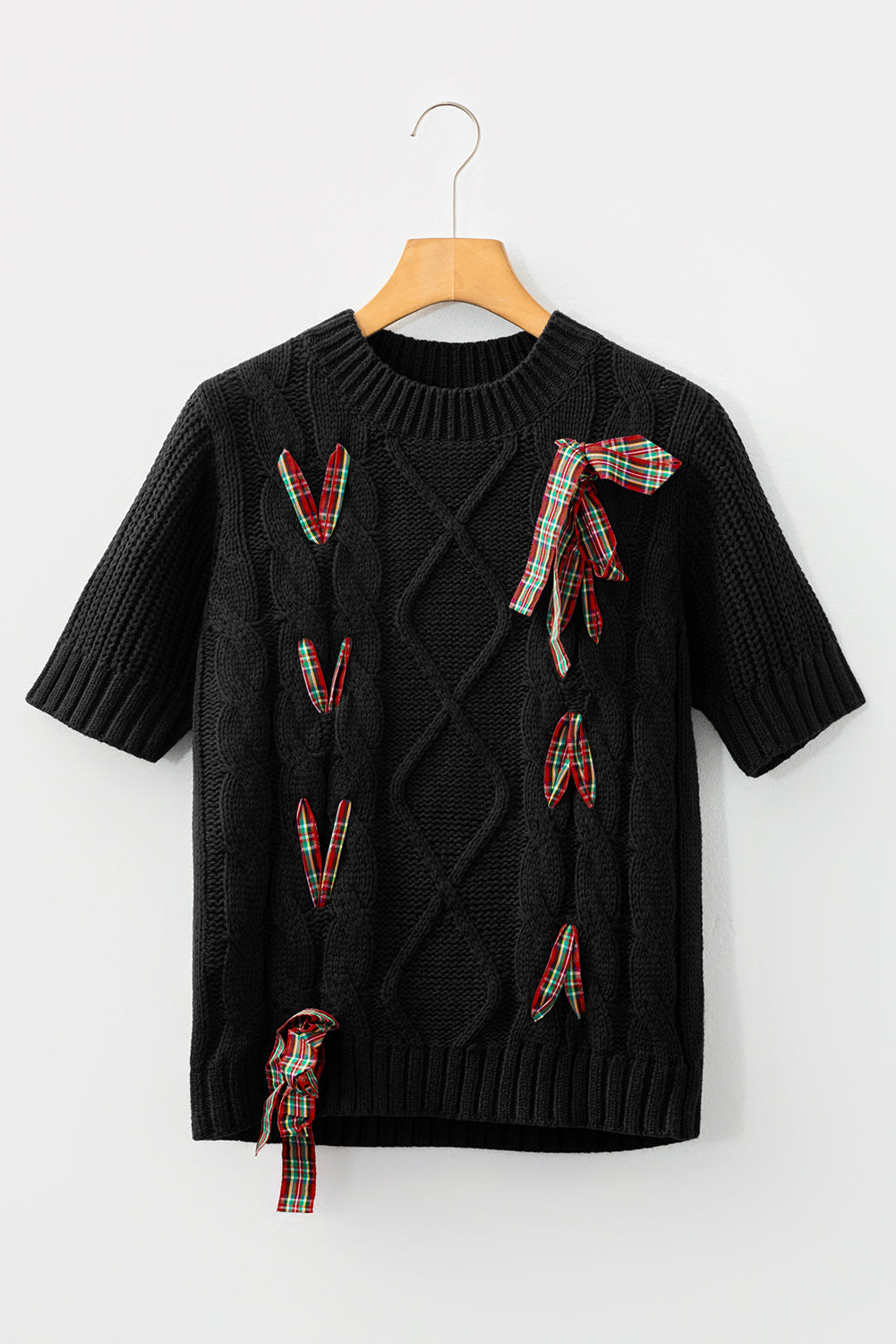 Fiery Red Plaid Lace up Detail Christmas Holiday Puff Short Sleeve Sweater