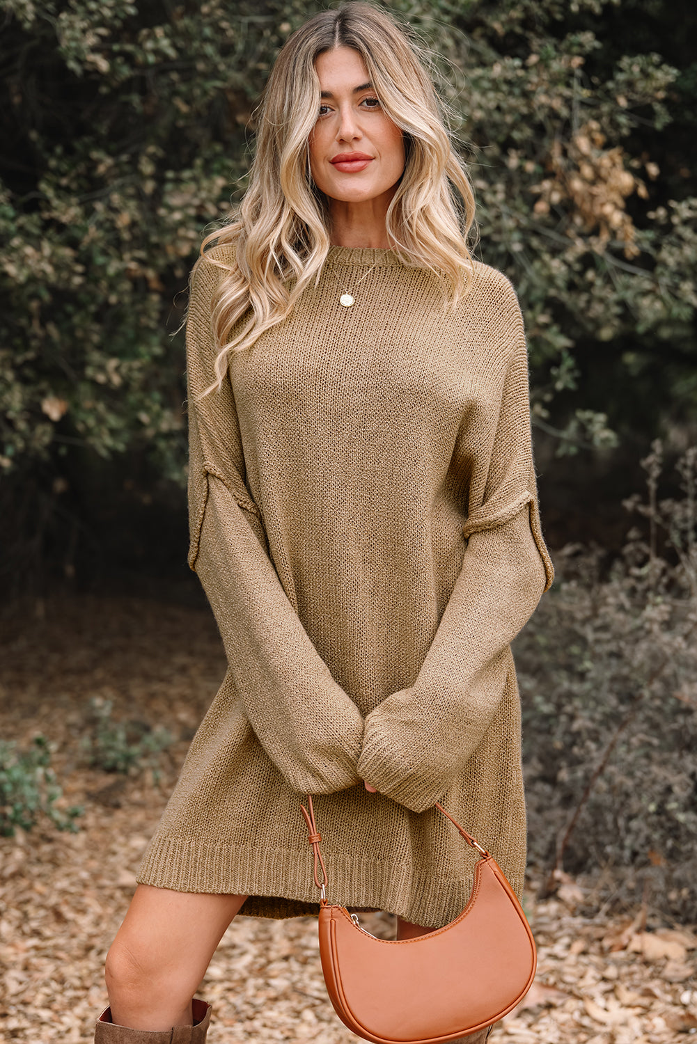 Pale Khaki Oversize Drop Shoulder Slouchy Sweater Dress