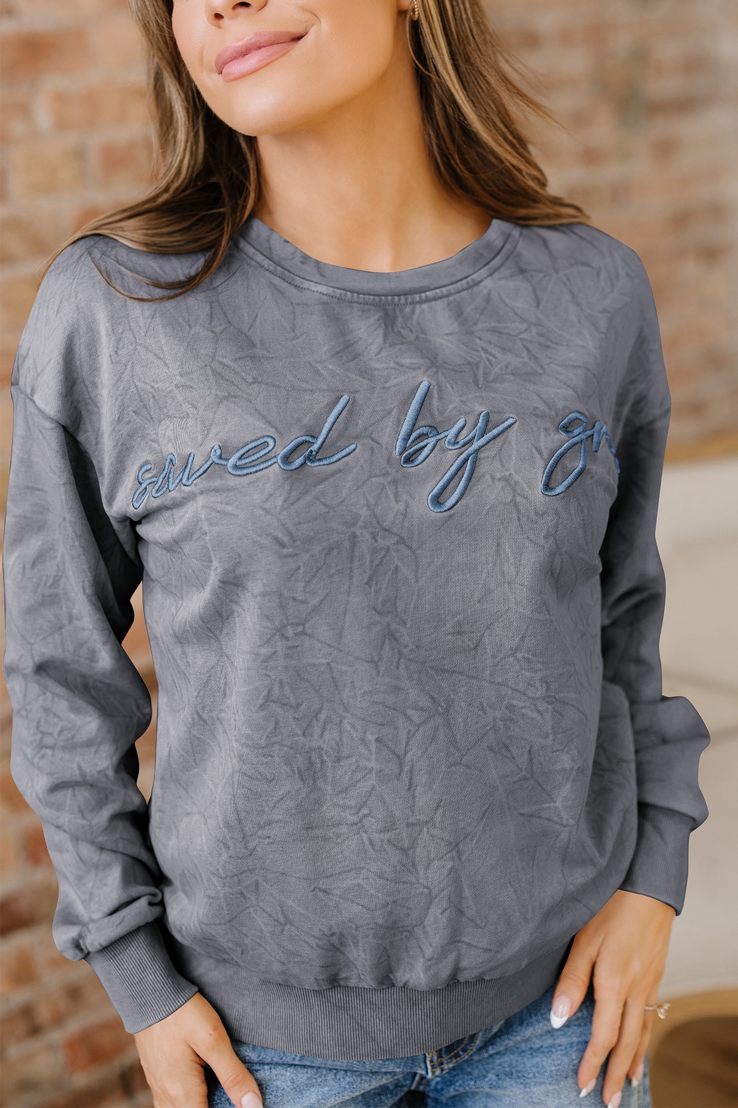 Real Teal saved by grace Letter Embroidery Mineral Wash Loose Sweatshirt