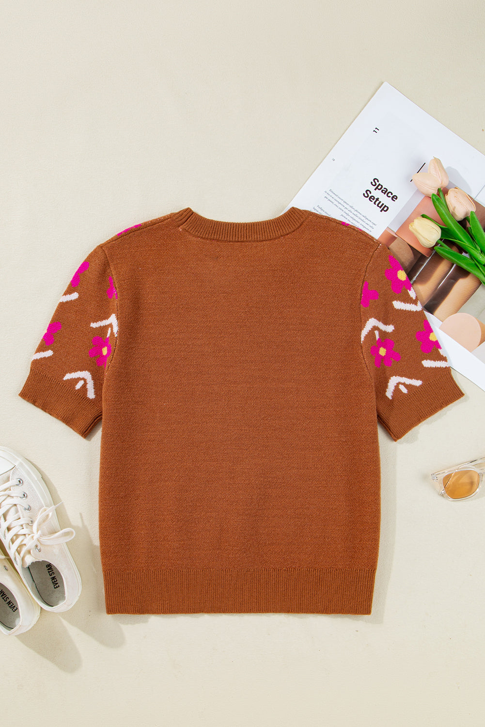 Brown Floral Pattern Short Puff Sleeve Sweater