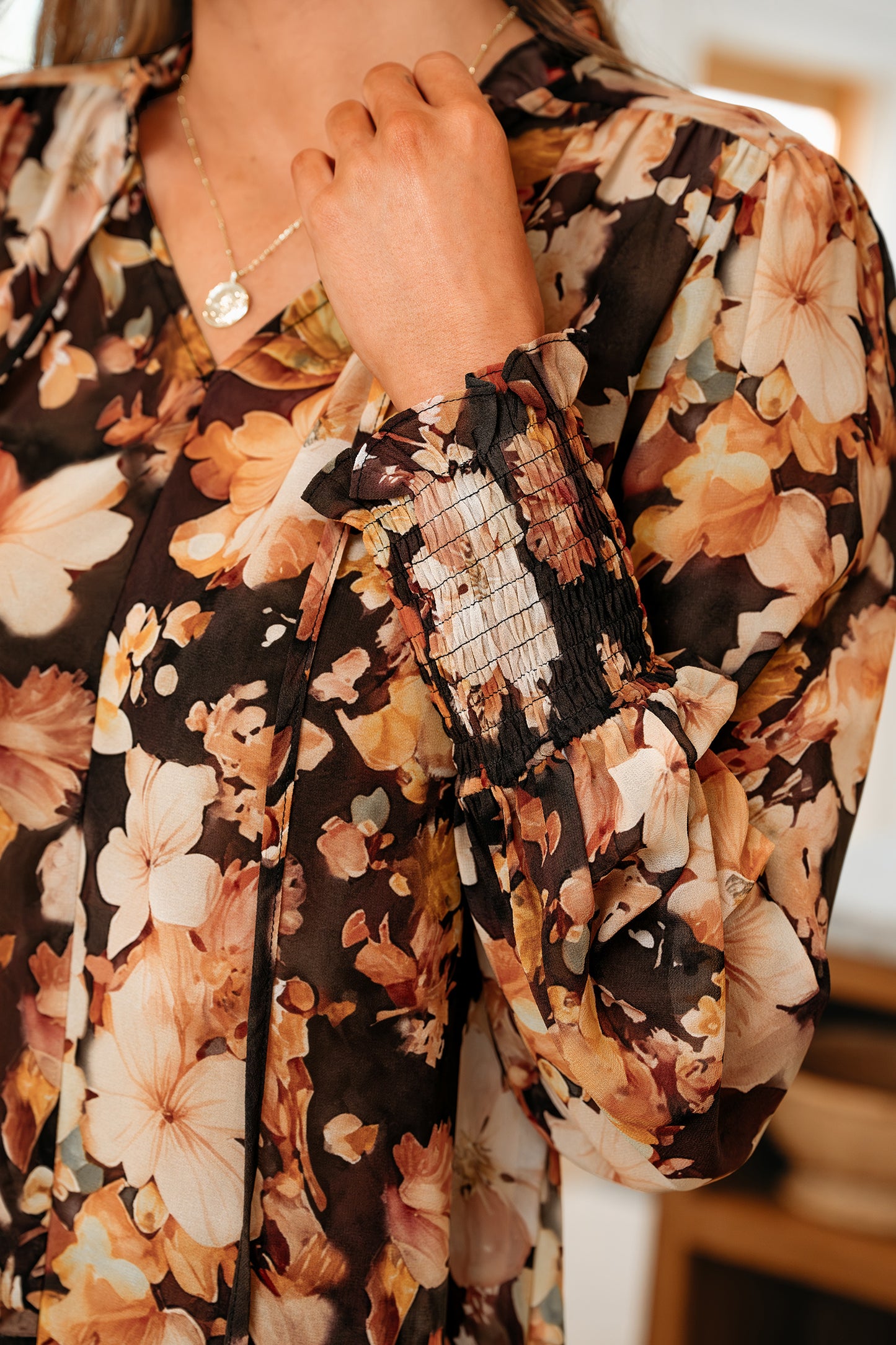 Black Floral V Neck Long Puff Sleeve Breezy Blouse