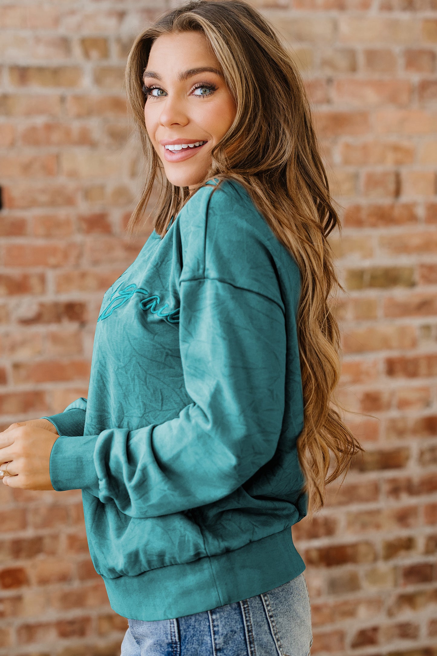 Real Teal saved by grace Letter Embroidery Mineral Wash Loose Sweatshirt