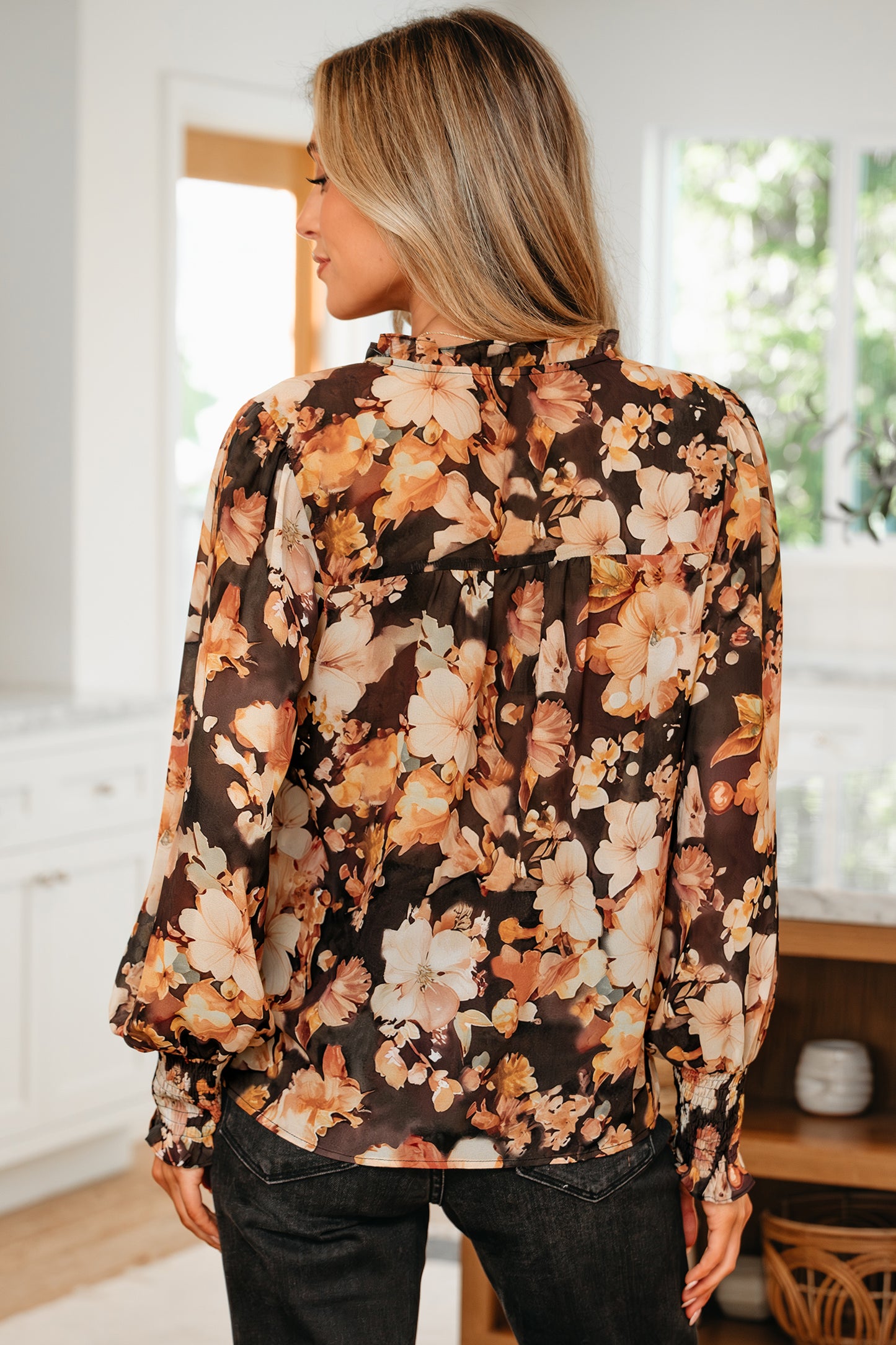 Black Floral V Neck Long Puff Sleeve Breezy Blouse
