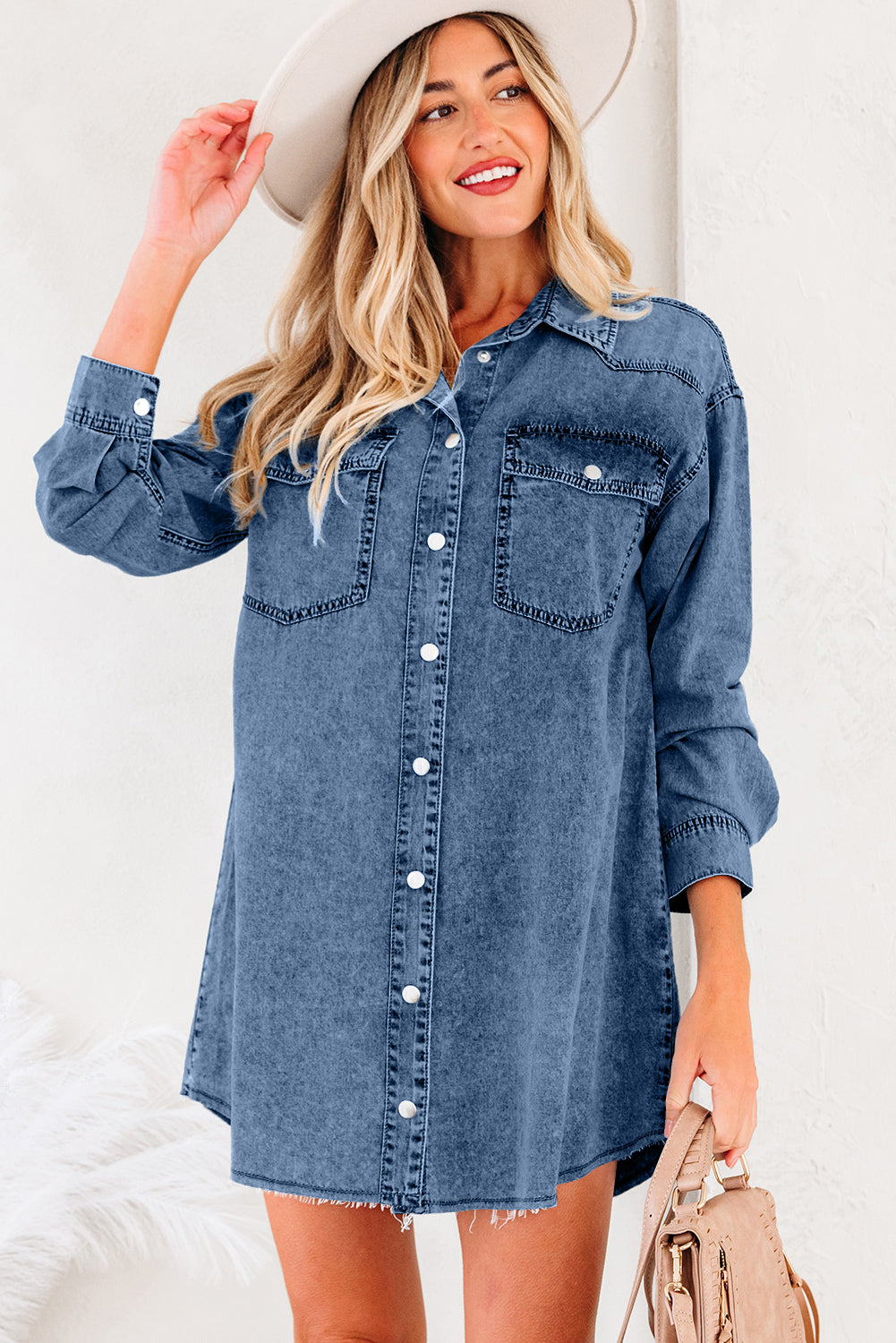 Medium Grey Beau Chest Pocket Raw Hem Denim Loose Shirt Dress