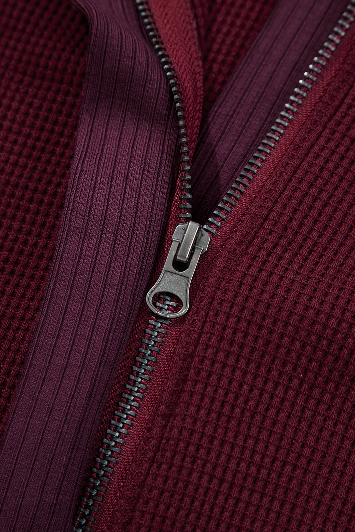 Burgundy Waffle Splicing Zip Up Front Button Hooded Jacket