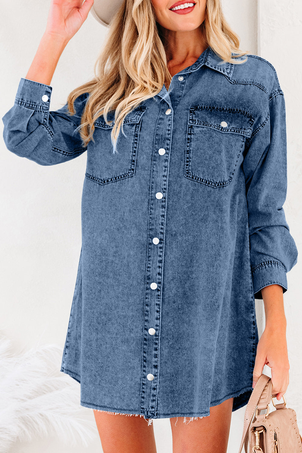 Medium Grey Beau Chest Pocket Raw Hem Denim Loose Shirt Dress