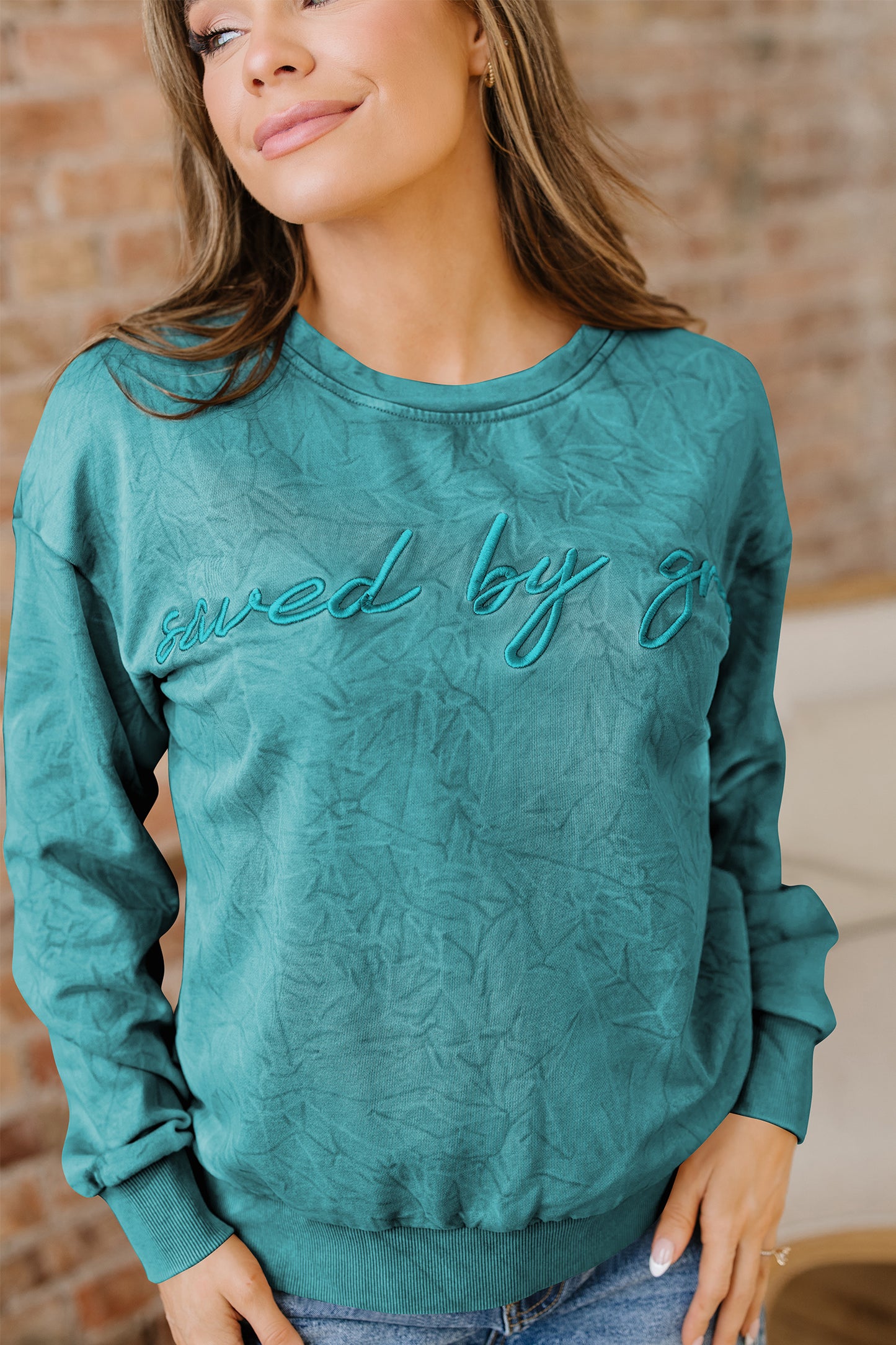 Real Teal saved by grace Letter Embroidery Mineral Wash Loose Sweatshirt