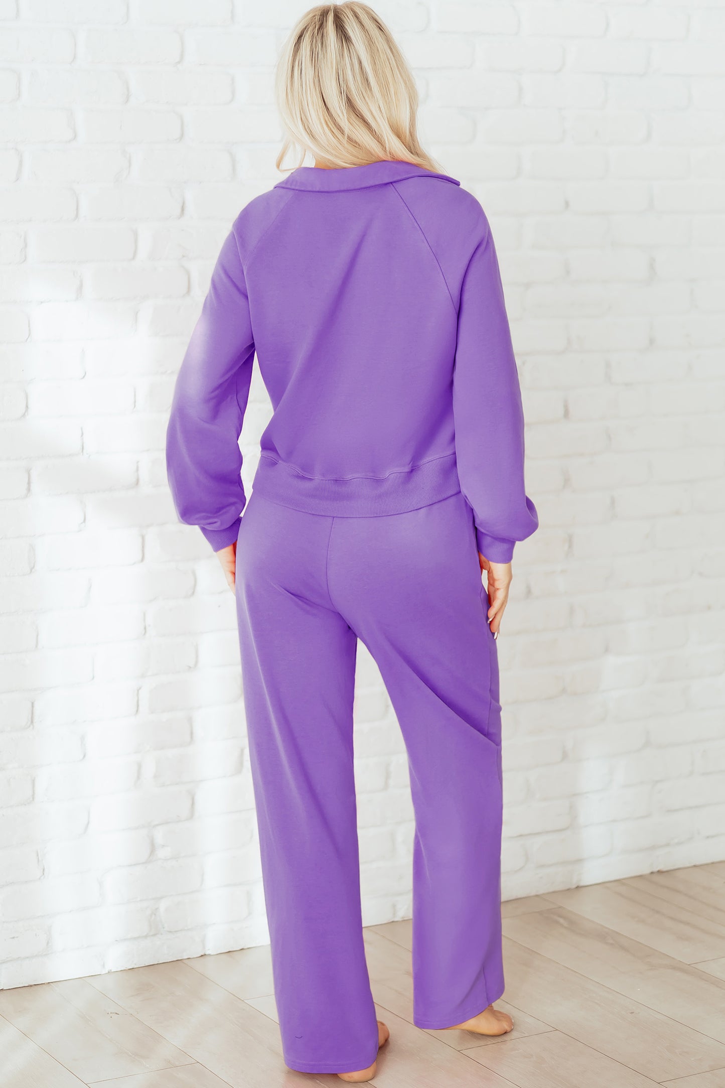 Wisteria Solid Color Collared Pullover and Central Seam Pants Set