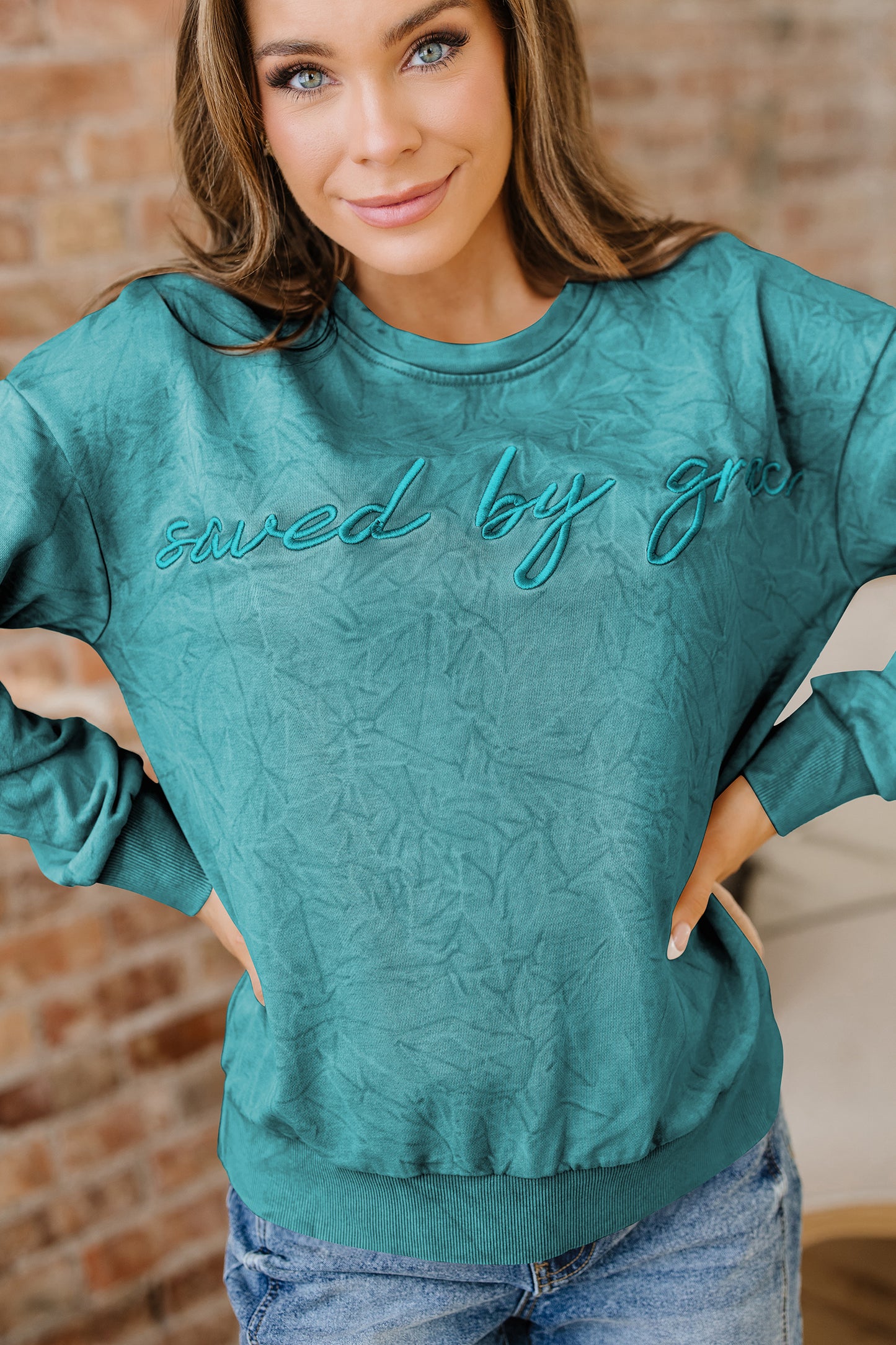 Real Teal saved by grace Letter Embroidery Mineral Wash Loose Sweatshirt