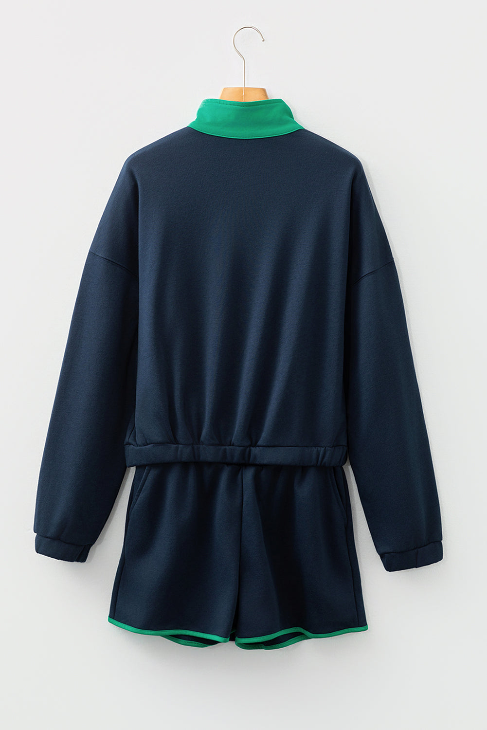 Red Dahlia Color Block Patchwork Half Button Pullover and Shorts 2pcs Outfit