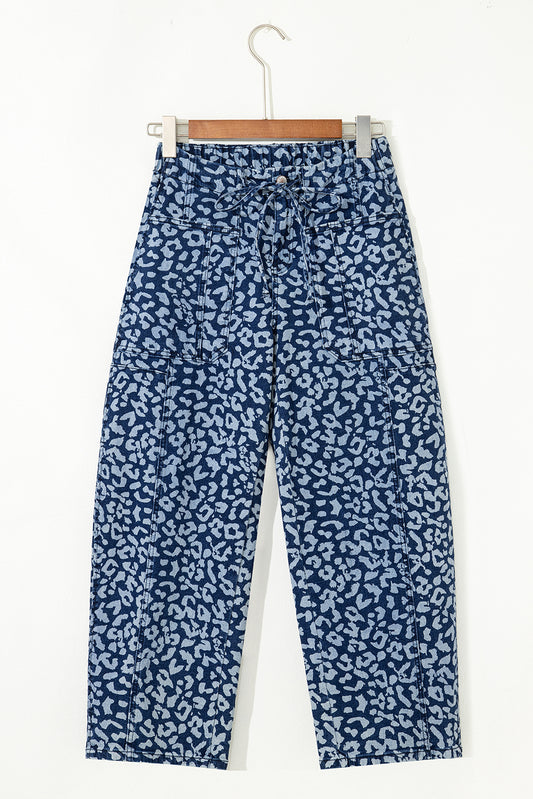 Blue Leopard Printed Drawstring Elastic Waistband Pocketed Wide Leg Jeans