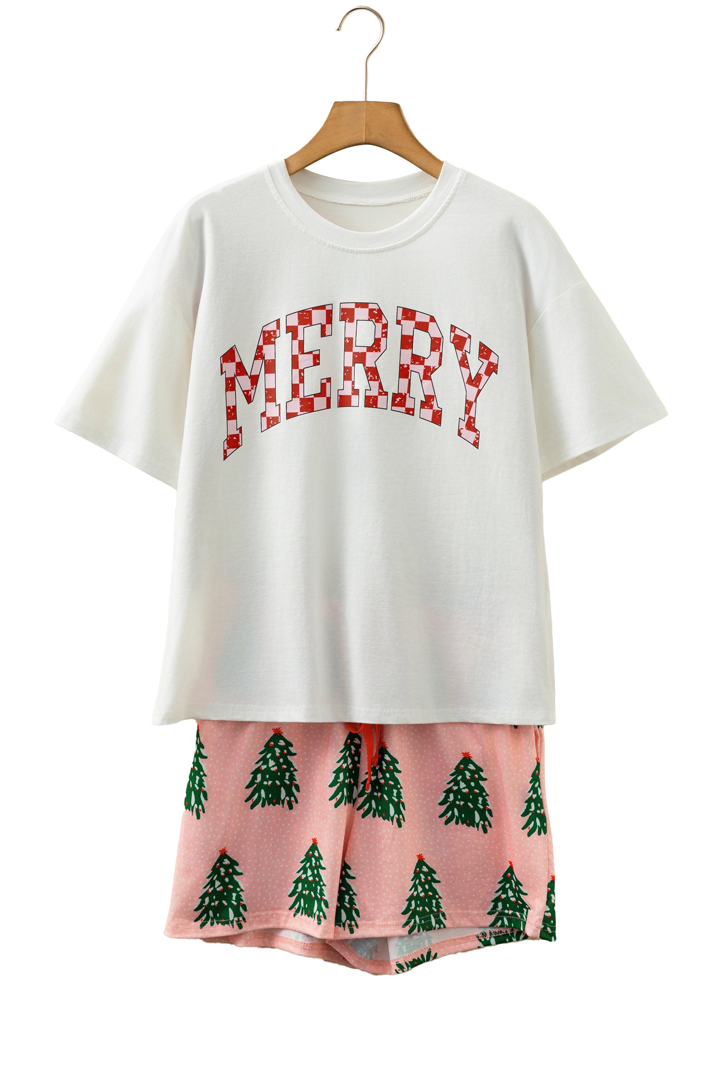 Pink Checkered MERRY Graphic Christmas Tree Print Short Lounge Set