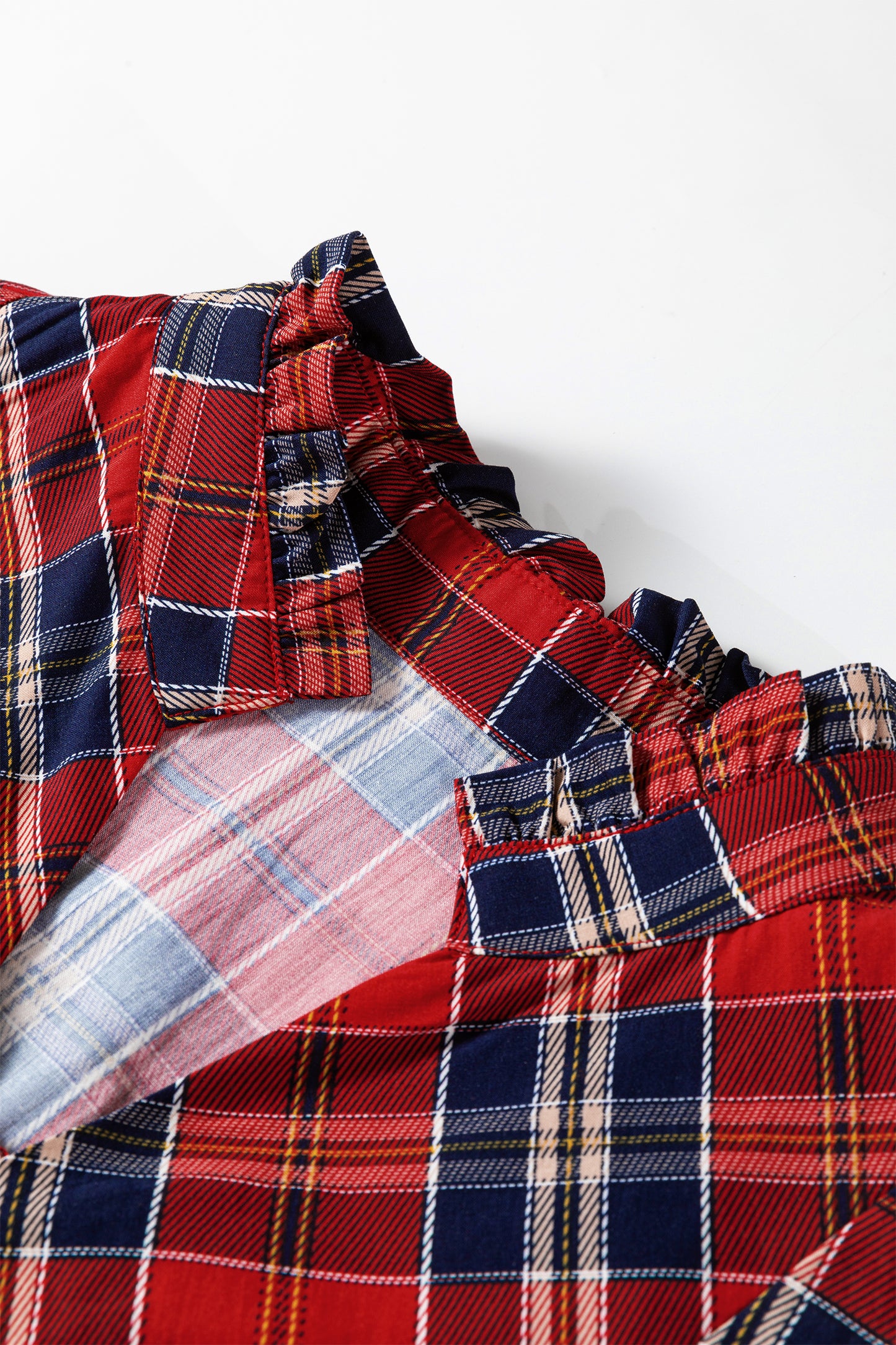 Red Plaid Print Frilly Collar Long Sleeve Shift Mini Dress