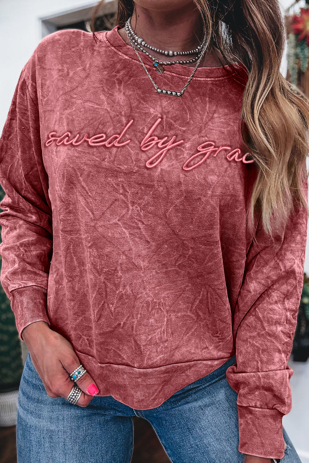 Real Teal saved by grace Letter Embroidery Mineral Wash Loose Sweatshirt