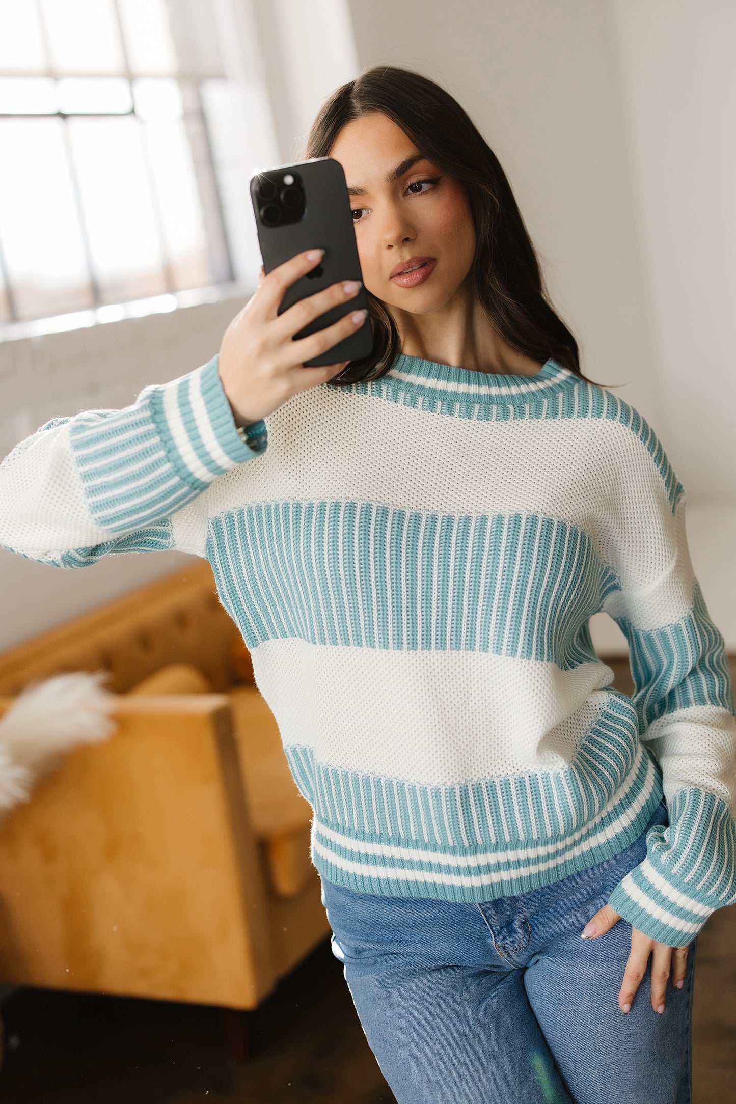 Brown Two Tone Striped Patchwork Drop Shoulder Loose Sweater