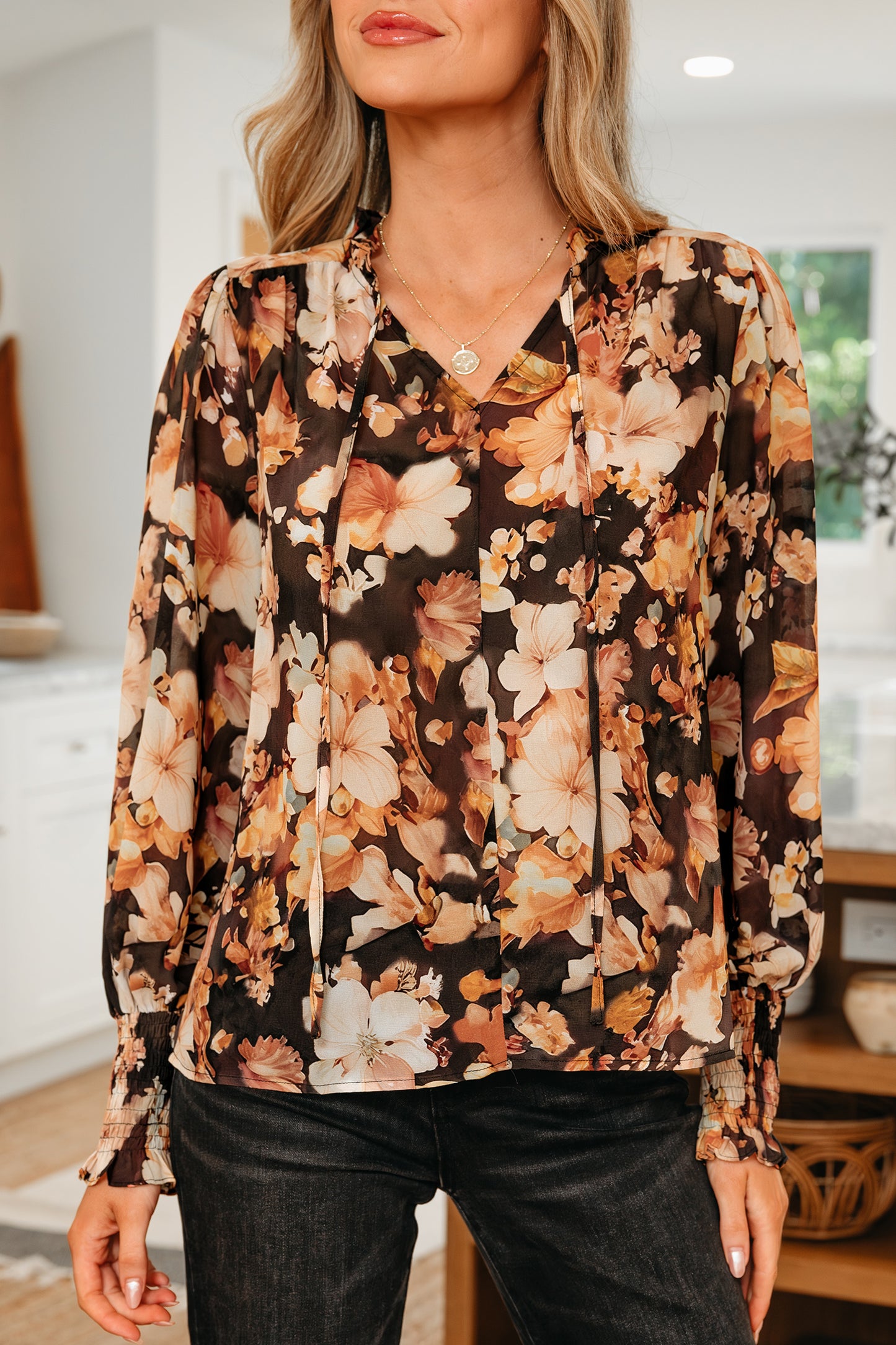 Black Floral V Neck Long Puff Sleeve Breezy Blouse