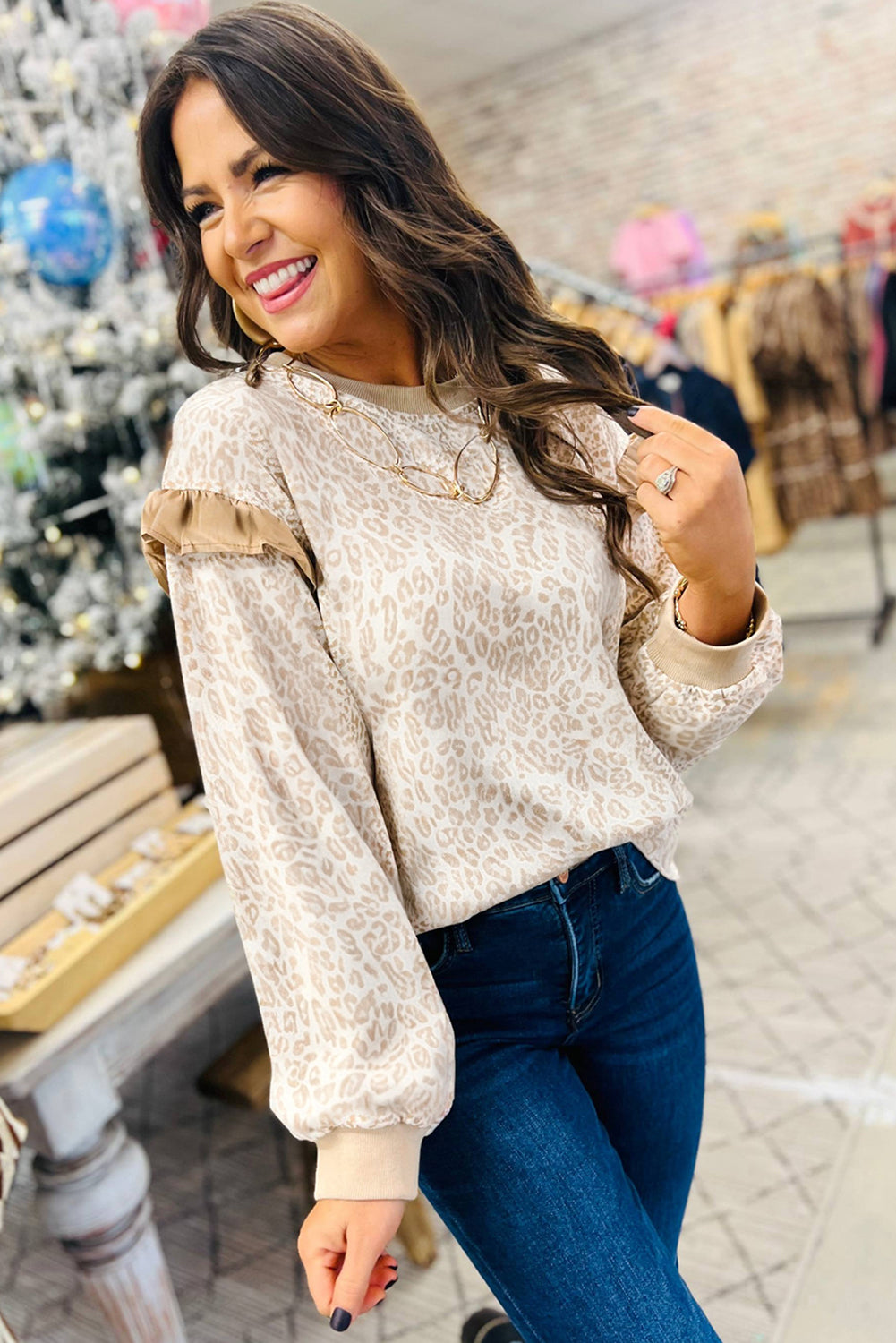 Khaki Ribbed Trim Ruffle Detail Leopard Round Neck Sweatshirt