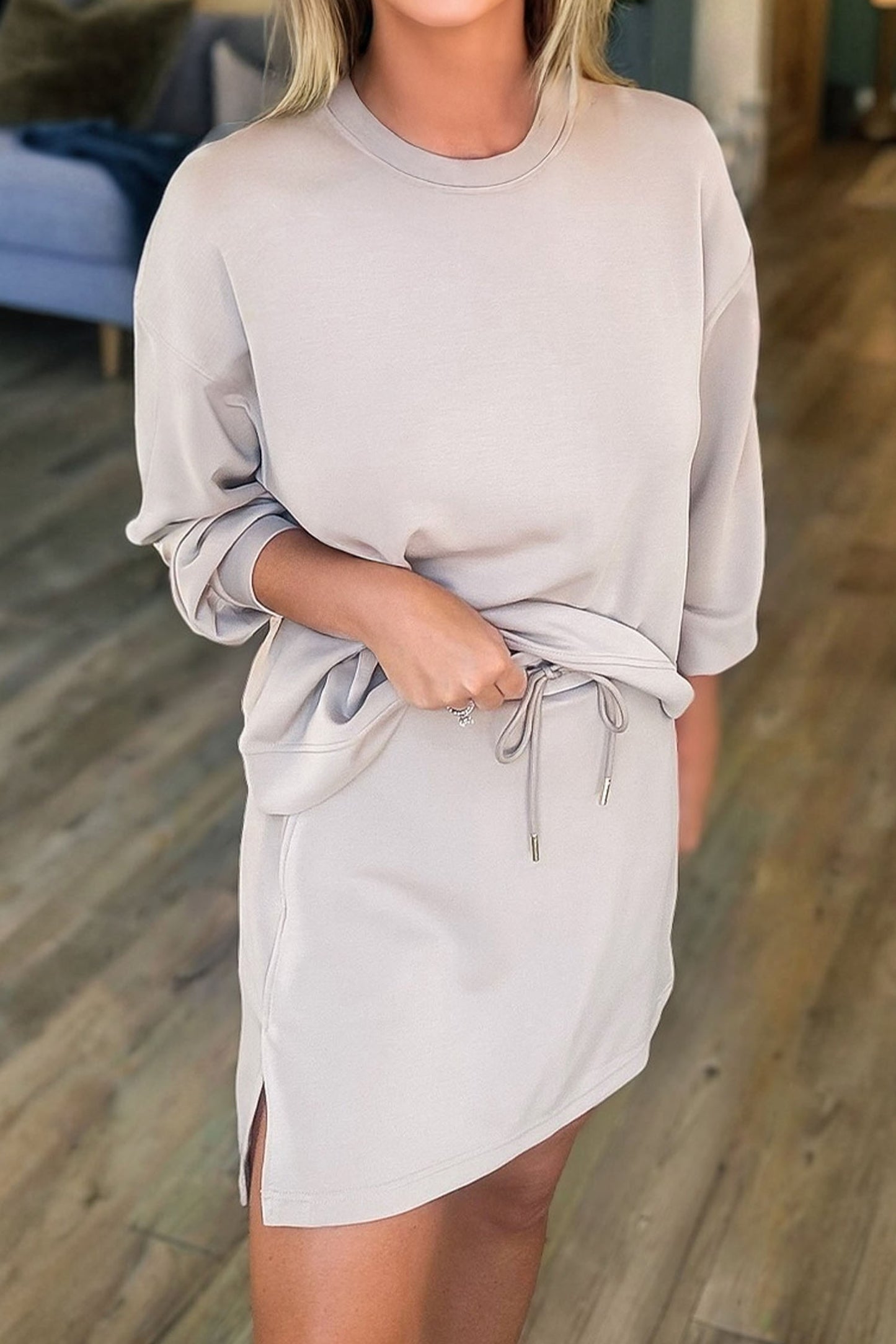 Racing Red Solid Color Drop Shoulder Pullover Drawstring Mini Skirt 2pcs Outfit