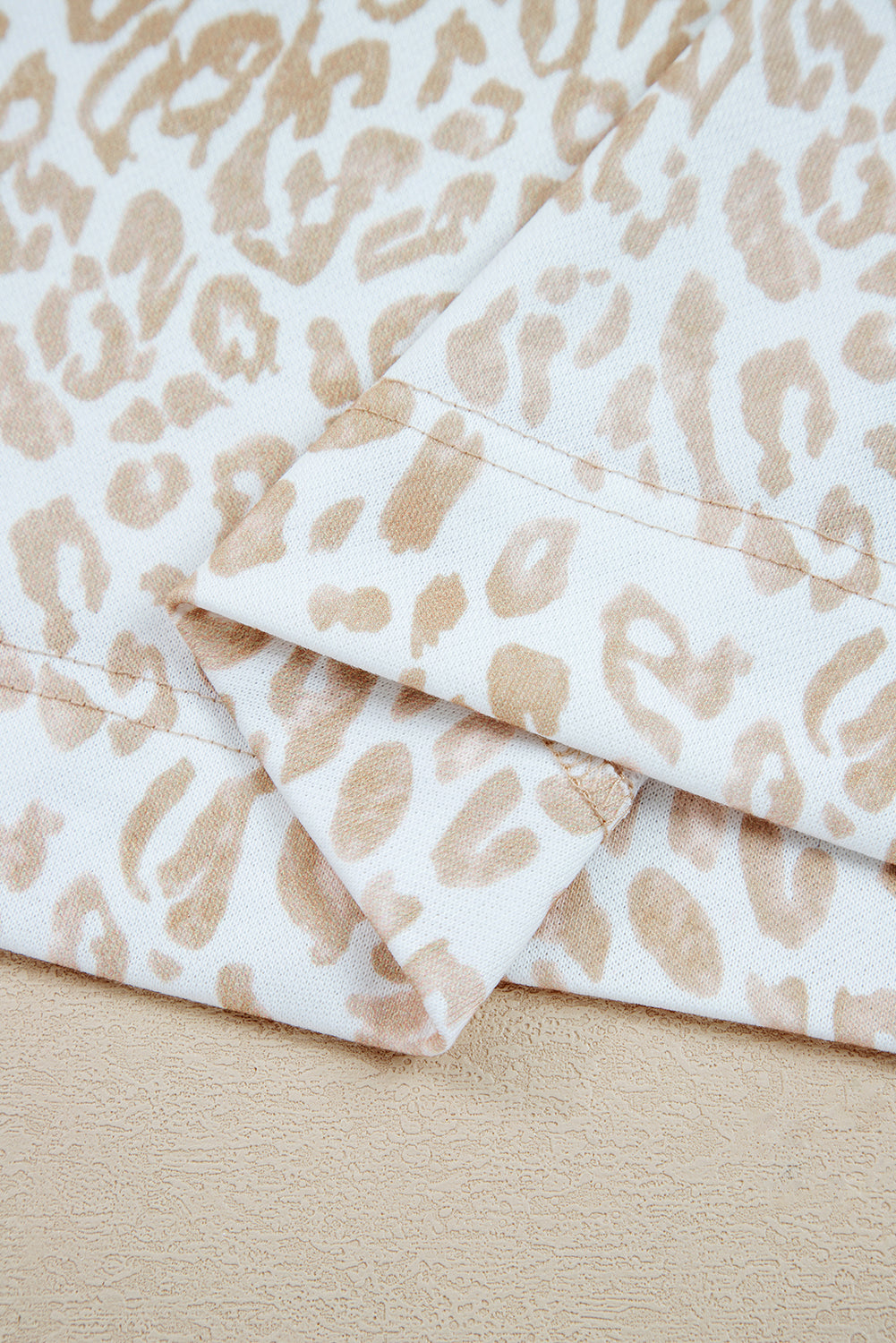 Khaki Ribbed Trim Ruffle Detail Leopard Round Neck Sweatshirt