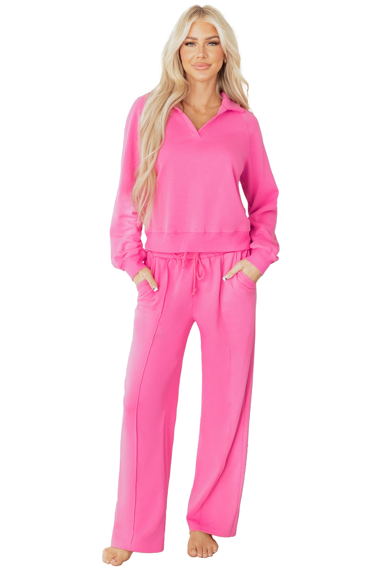 Wisteria Solid Color Collared Pullover and Central Seam Pants Set