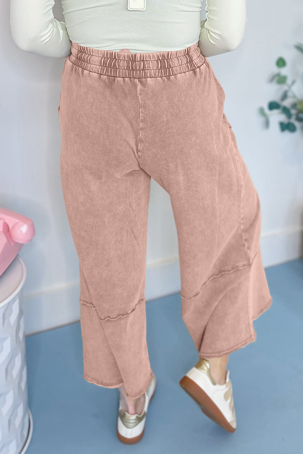 Light Grey Flower Patch Mineral Washed Terry Knit Cropped Wide Leg Pants