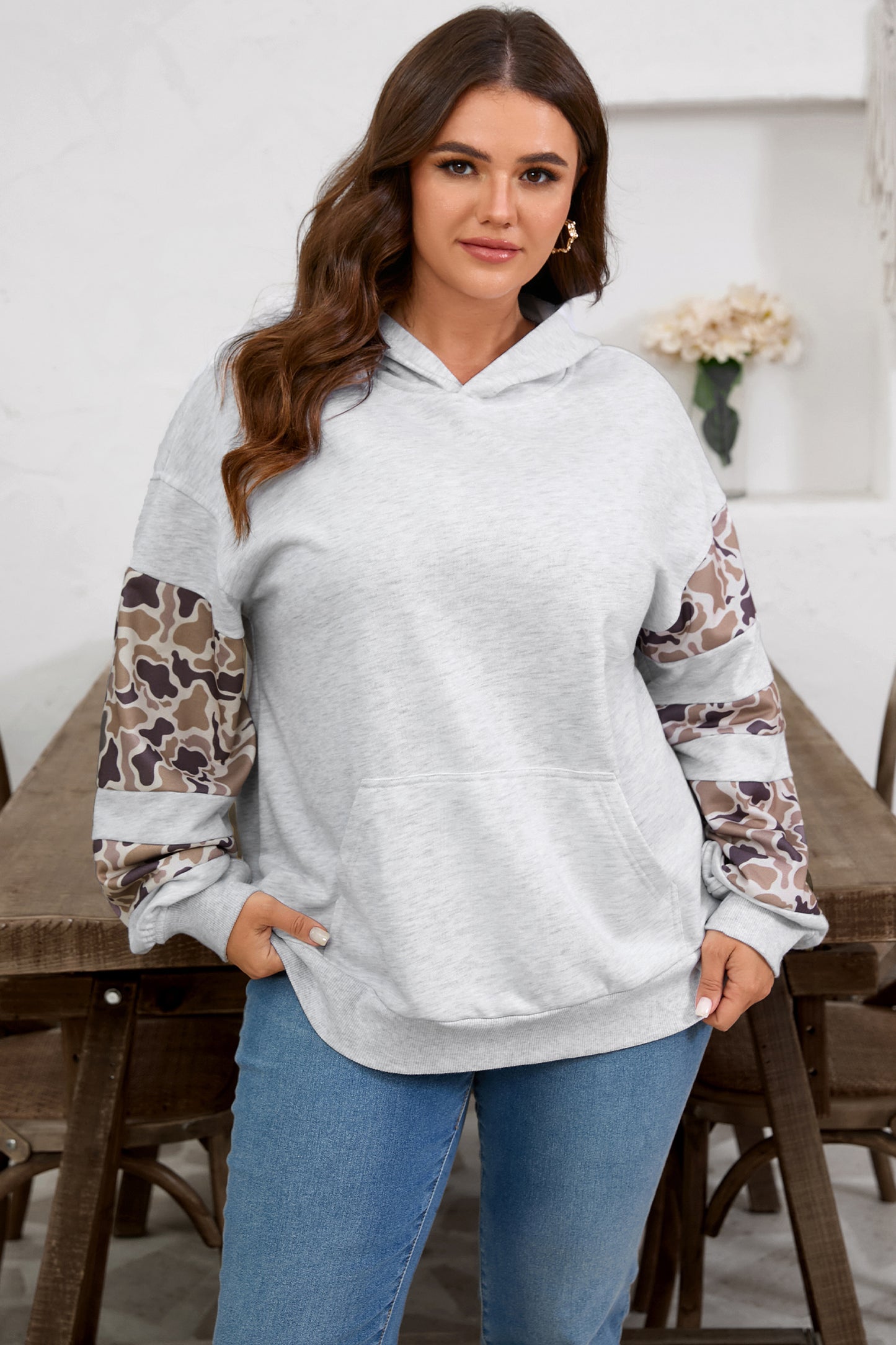 Light Grey Camouflage Patchwork Asymmetric Sleeve Plus Size Hoodie