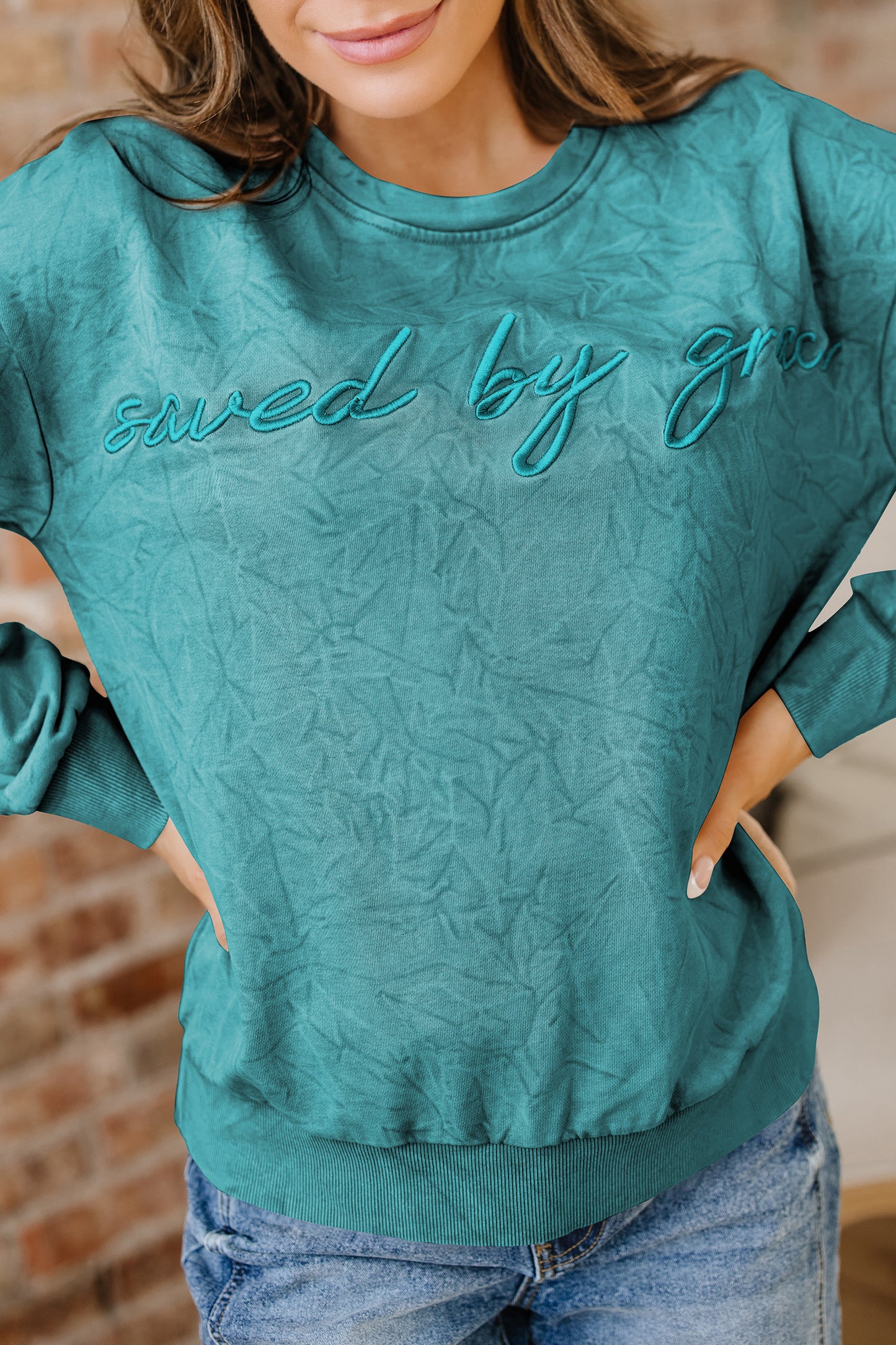 Real Teal saved by grace Letter Embroidery Mineral Wash Loose Sweatshirt