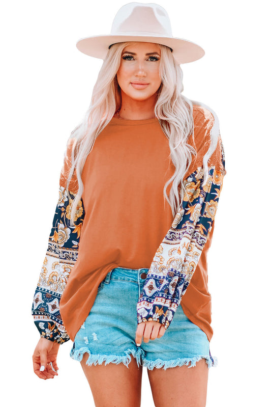 Boho Floral Print Balloon Sleeve Top