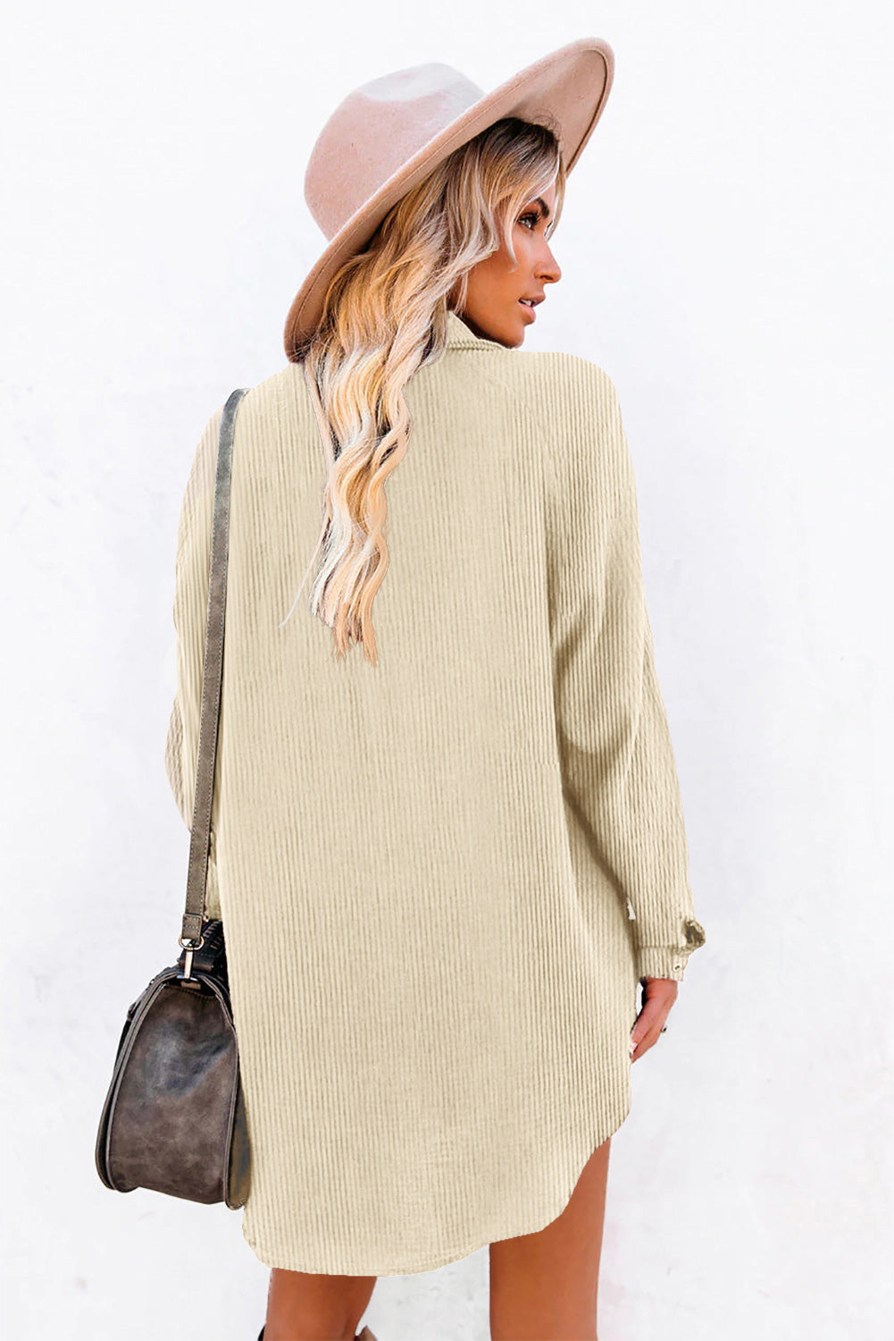 Beige Corduroy Full Button Long Sleeve Shift Mini Dress