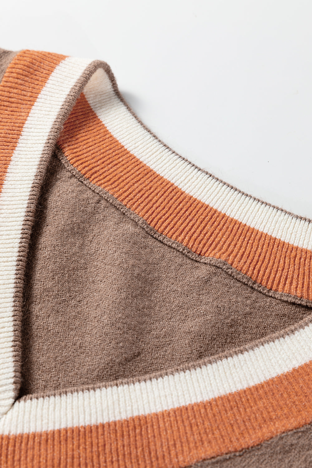 Dark Khaki Contrast Striped Trim V Neck Varsity Sweater