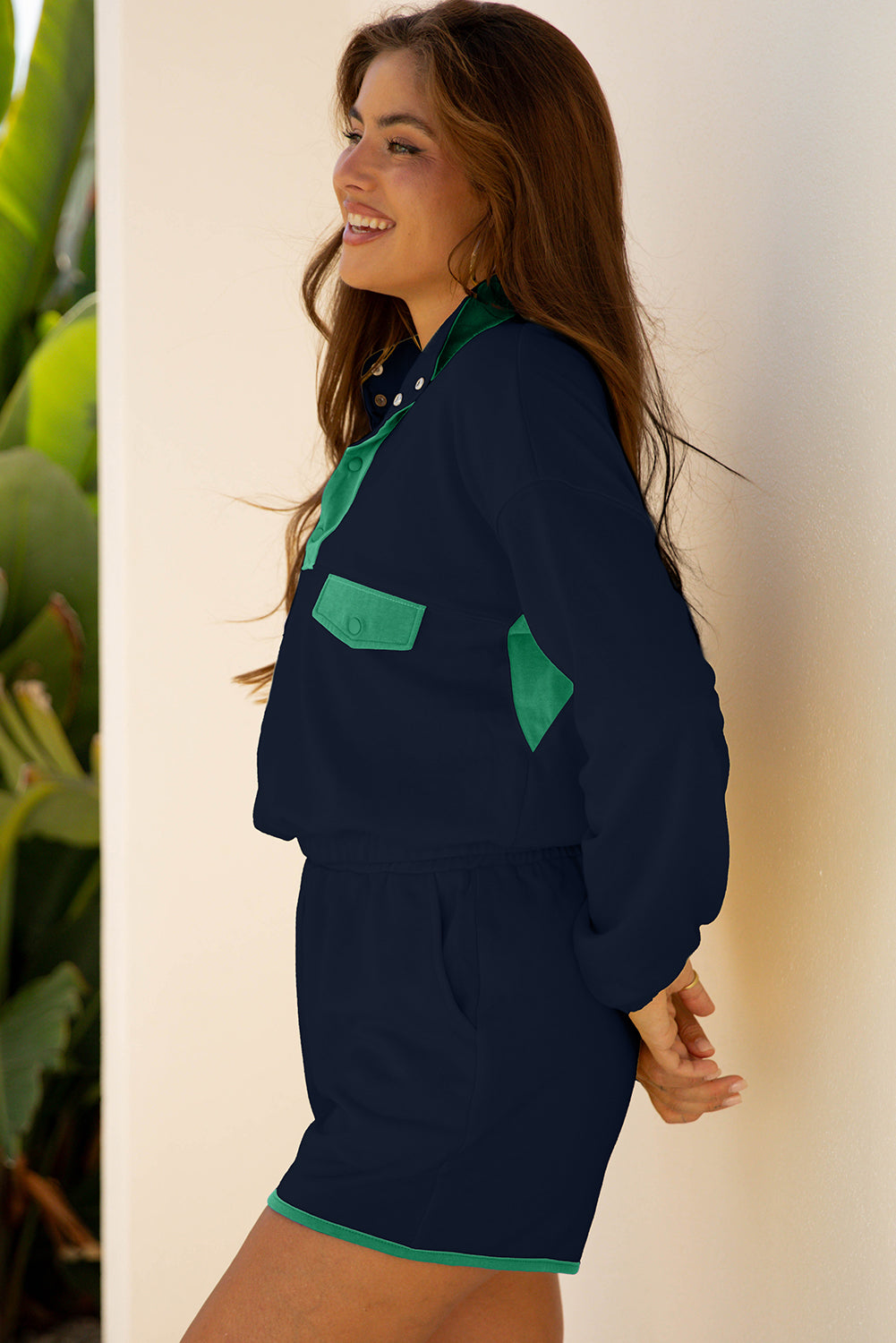 Red Dahlia Color Block Patchwork Half Button Pullover and Shorts 2pcs Outfit