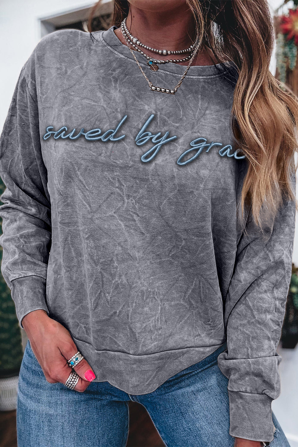 Real Teal saved by grace Letter Embroidery Mineral Wash Loose Sweatshirt