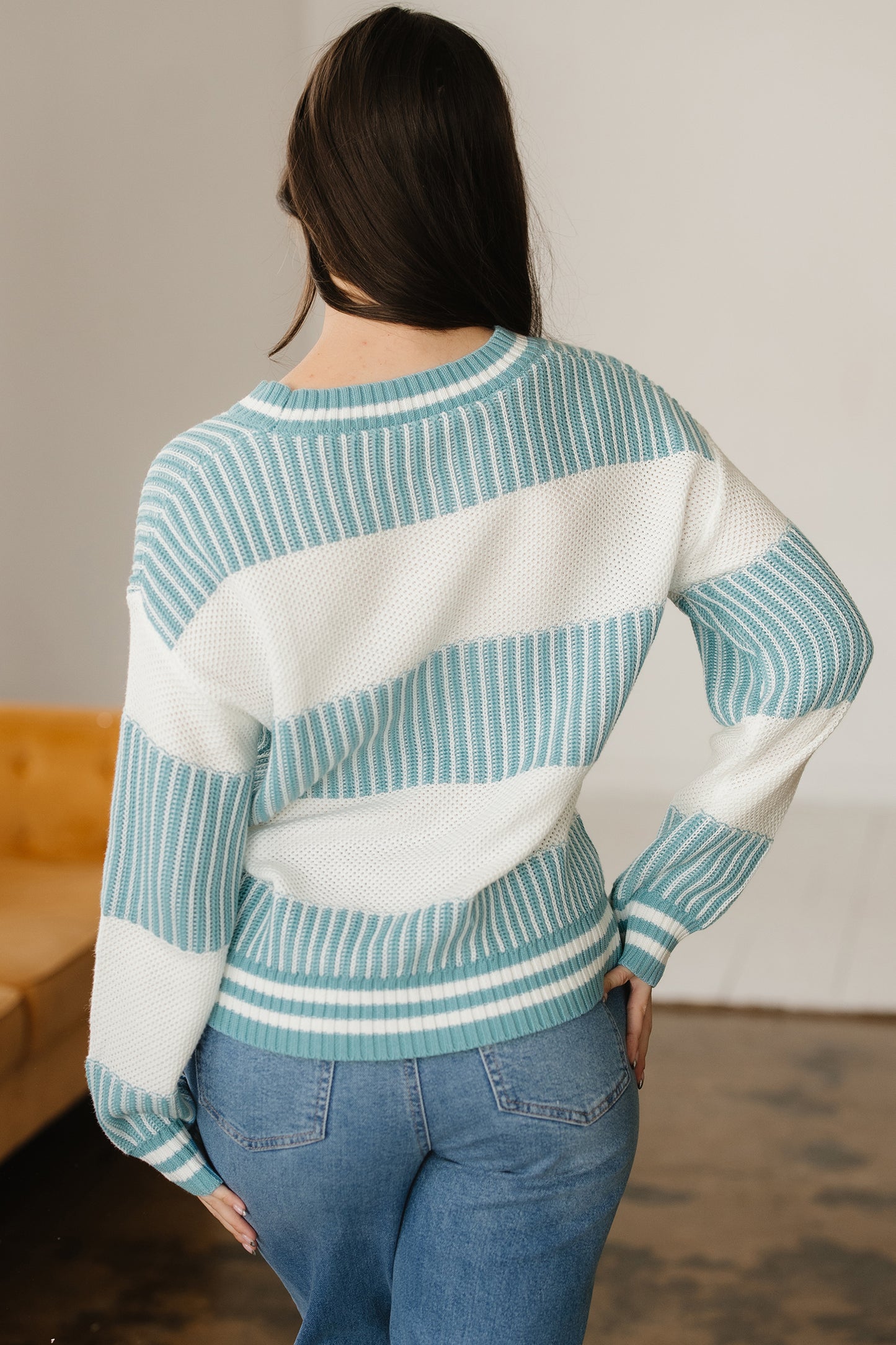 Brown Two Tone Striped Patchwork Drop Shoulder Loose Sweater