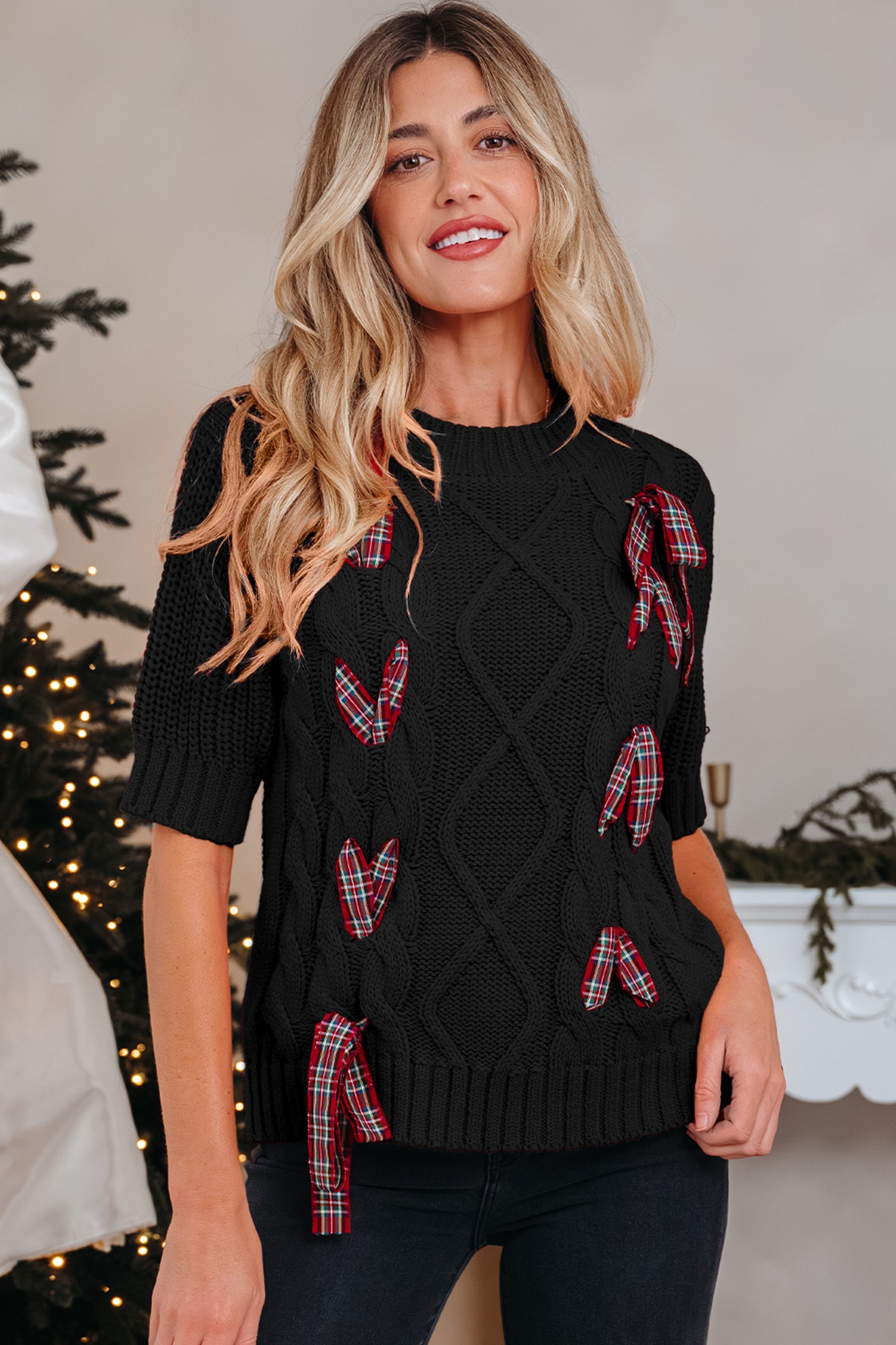 Fiery Red Plaid Lace up Detail Christmas Holiday Puff Short Sleeve Sweater