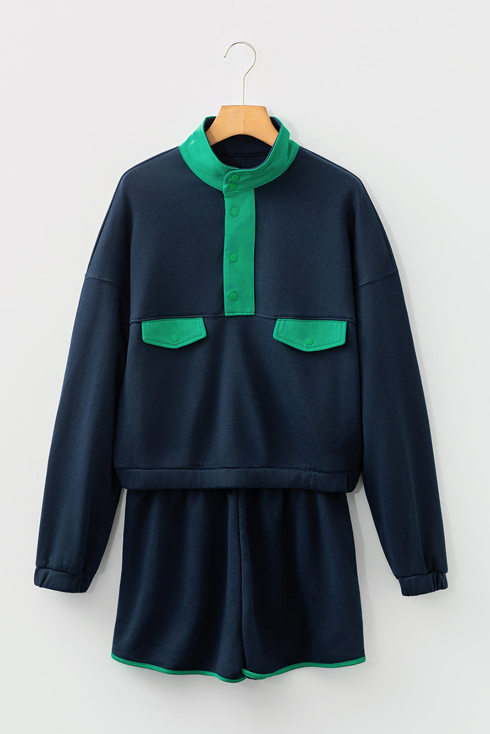 Red Dahlia Color Block Patchwork Half Button Pullover and Shorts 2pcs Outfit