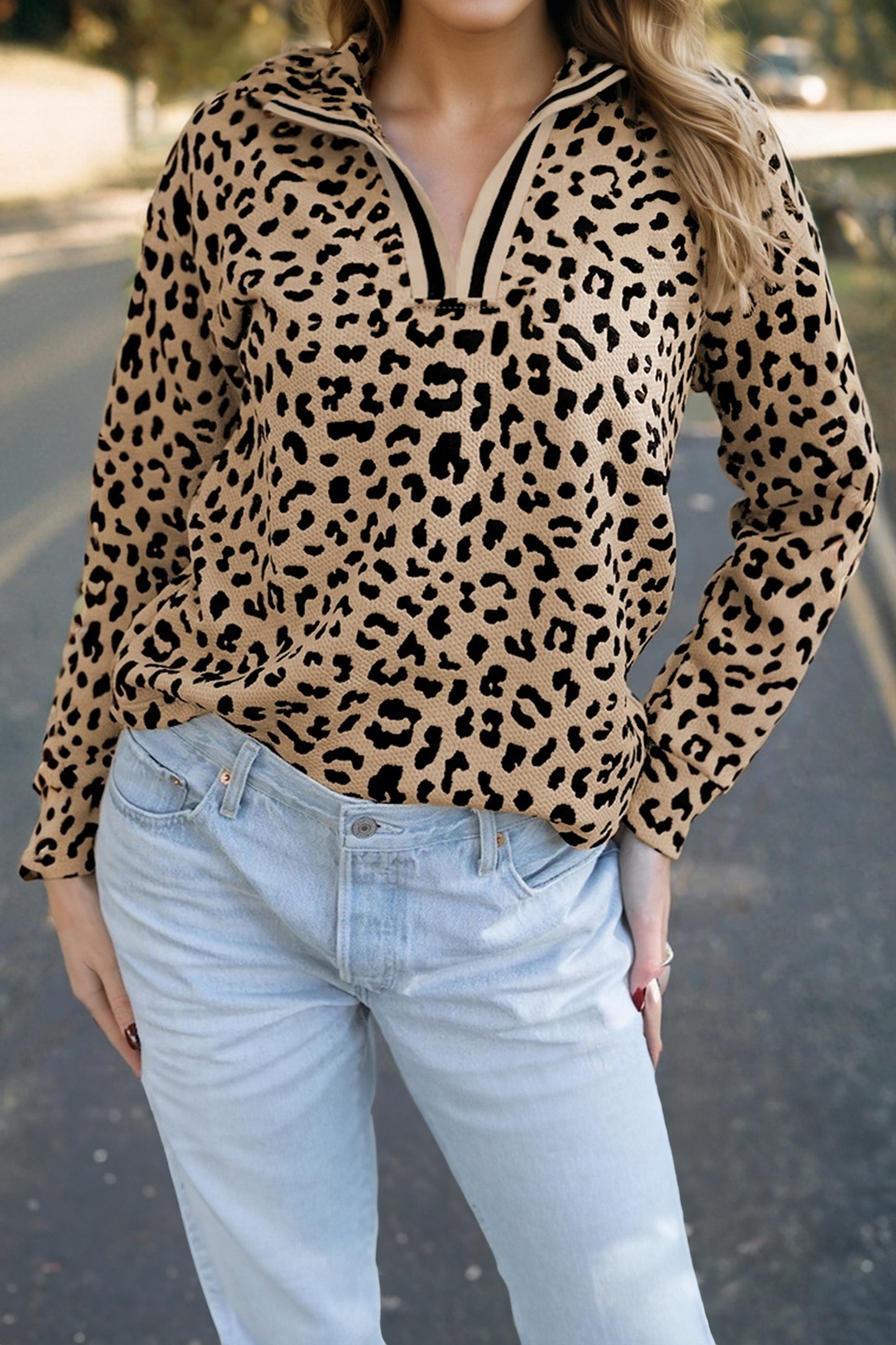 Parchment Leopard Polo Collar V Neck Pullover Top