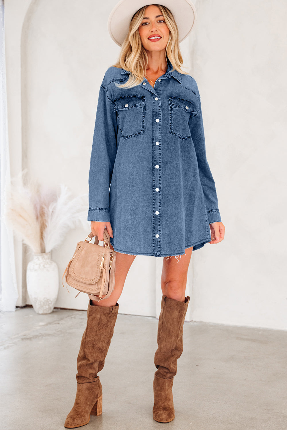 Medium Grey Beau Chest Pocket Raw Hem Denim Loose Shirt Dress