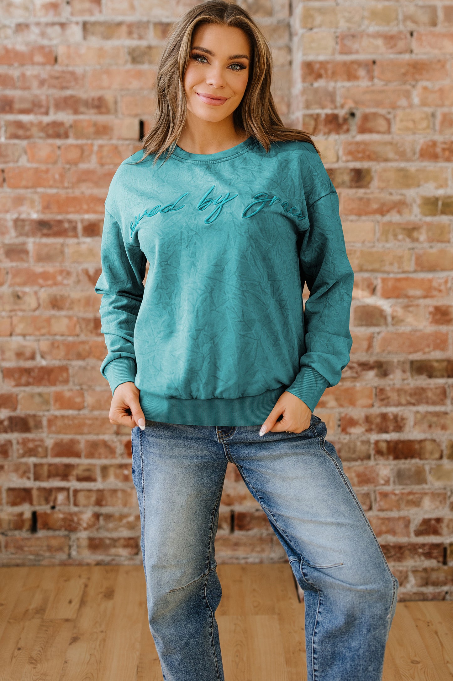Real Teal saved by grace Letter Embroidery Mineral Wash Loose Sweatshirt