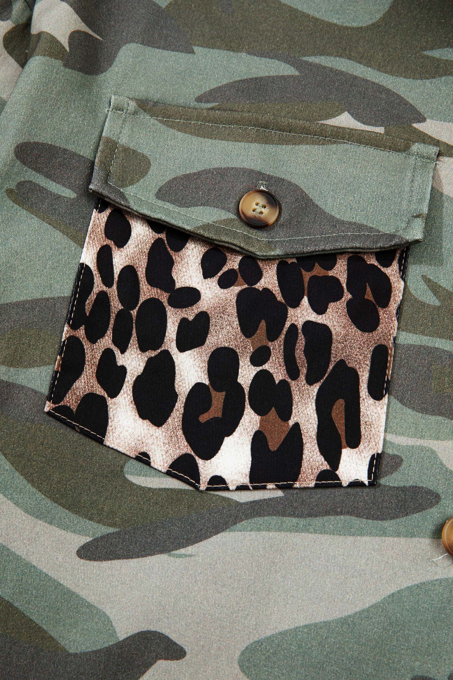 Green Camo Leopard Patchwork Flap Pocket Crop Jacket