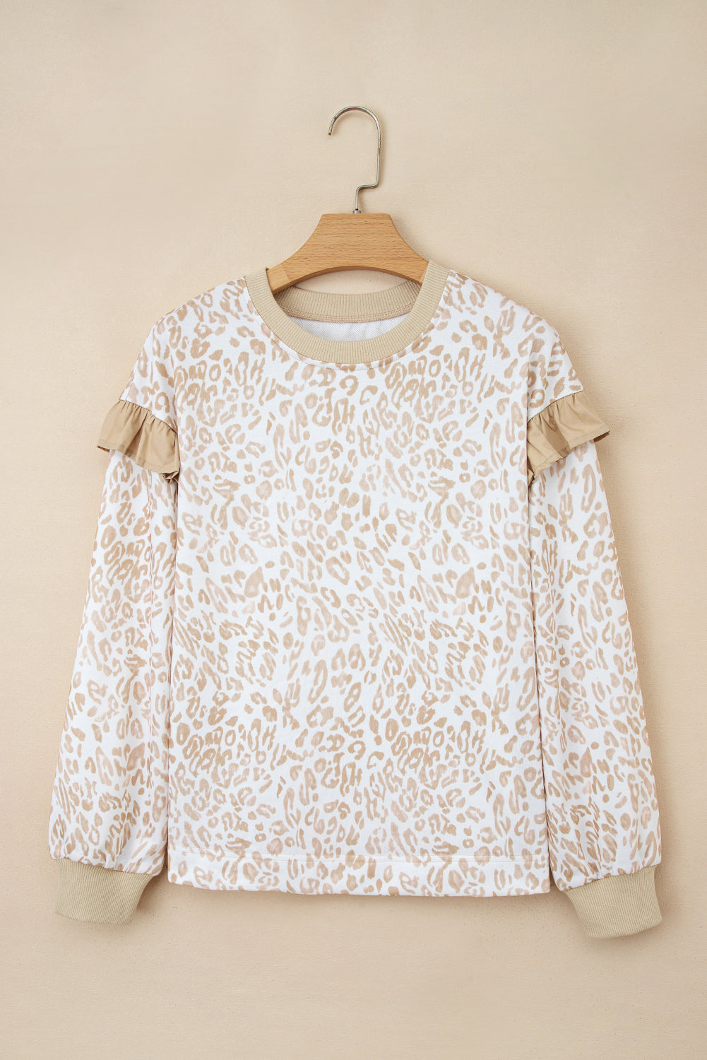 Khaki Ribbed Trim Ruffle Detail Leopard Round Neck Sweatshirt