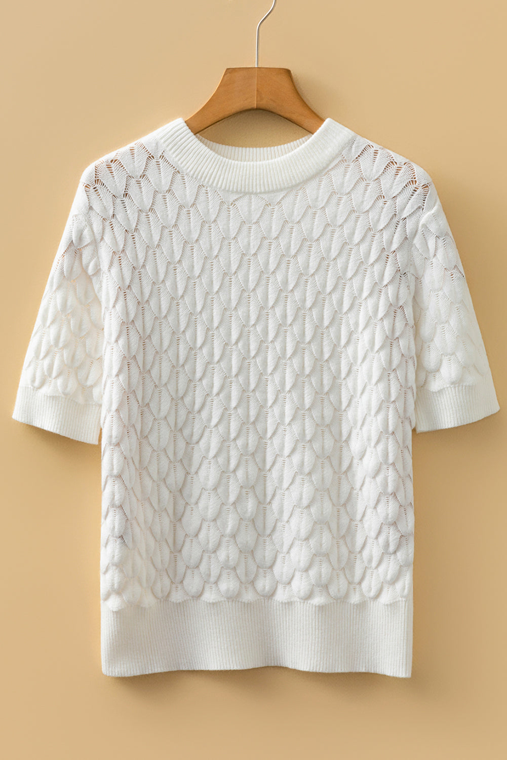 Straw Yellow Fish Scale Textured Knit Ribbed High Neck Short Sleeve Sweater
